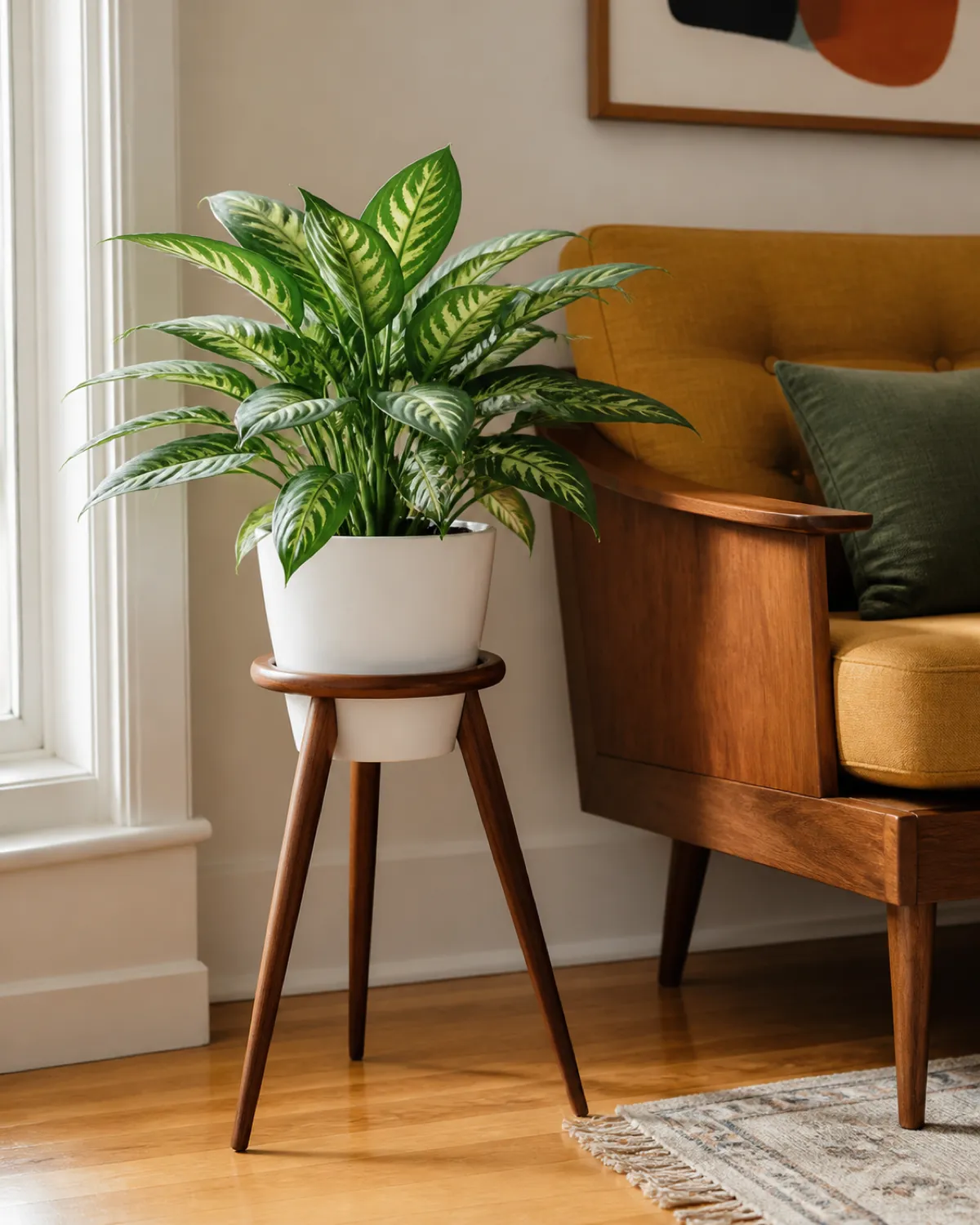 A beautiful mid-century modern walnut wood tripod plant stand with three angled tapered legs supporting a round ring planter holder holding a healthy Chinese evergreen in a white ceramic pot positioned beside a mid-century sofa with mustard cushions on a light oak hardwood floor warm natural side light