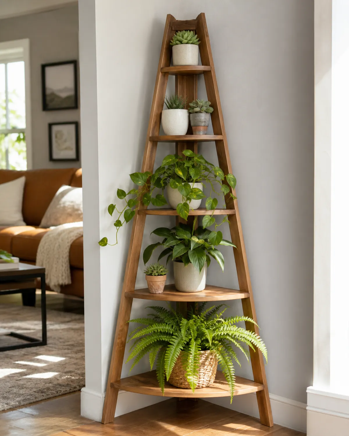 A wooden A-frame ladder plant stand leaning against a light grey wall in a bright living room five shelves graduating from narrow at top to wide at bottom displaying plants of increasing size with a trailing pothos cascading from the middle shelf natural light contemporary interior