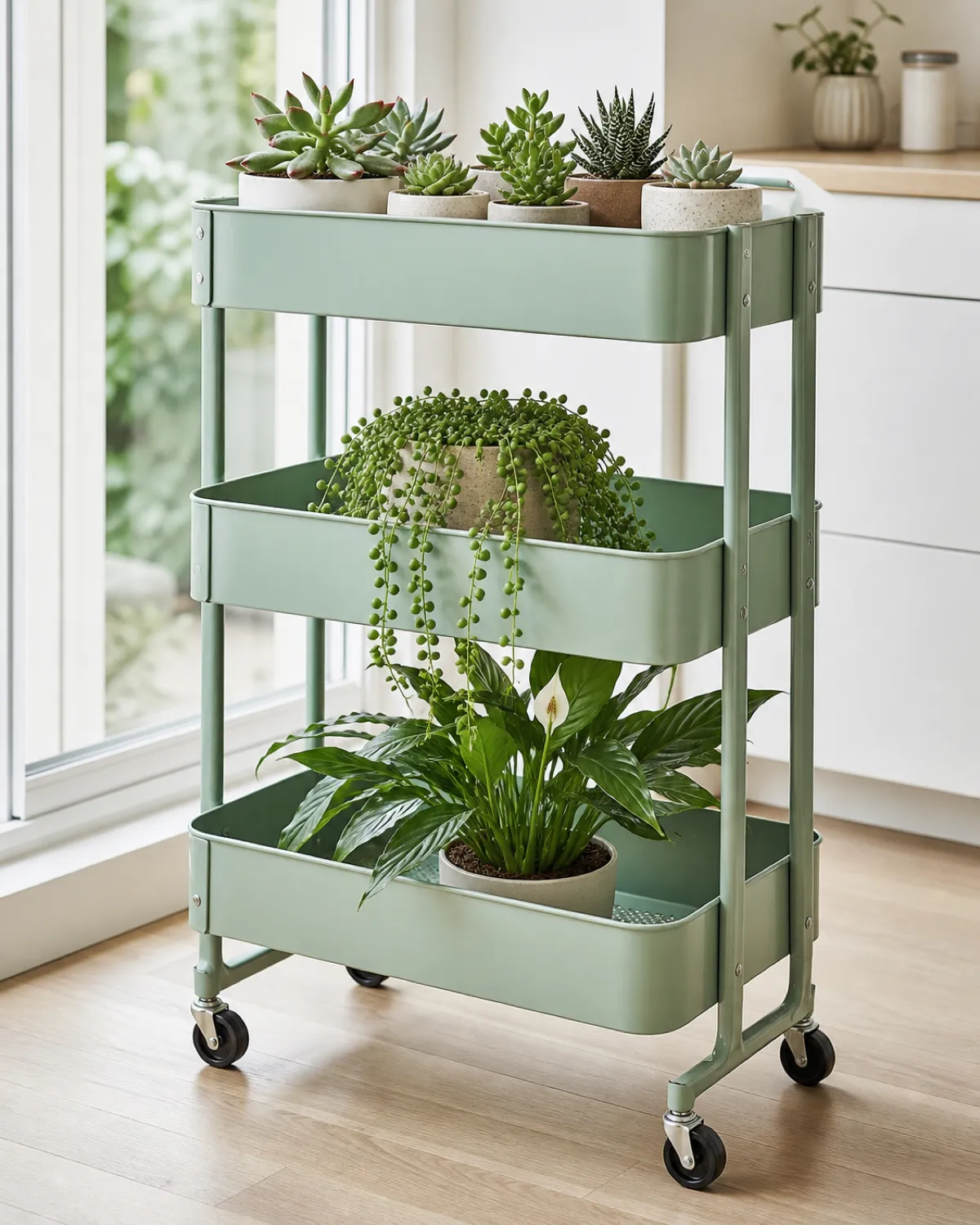 A three-tier mint green metal rolling cart loaded with houseplants positioned near a bright window top shelf with small succulents middle shelf with trailing string of pearls bottom shelf with a peace lily black rubber wheels on light wood floor bright natural light modern kitchen