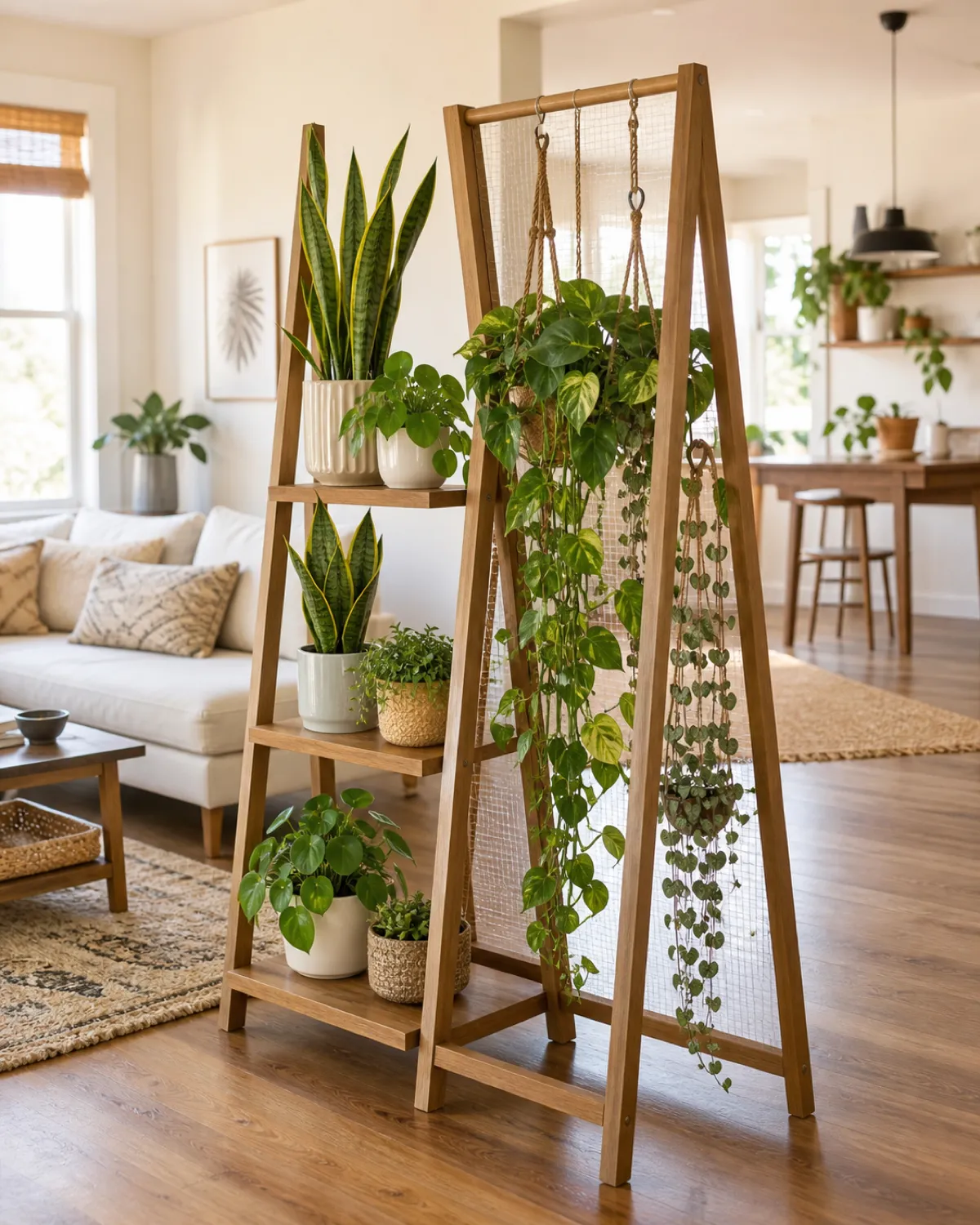 A sleek natural wood window shelf extending across a bright south-facing window holding a collection of small succulents a mini cactus and herbs in matching small ceramic pots bright direct sunlight streaming through the glass illuminating the plants clean modern kitchen