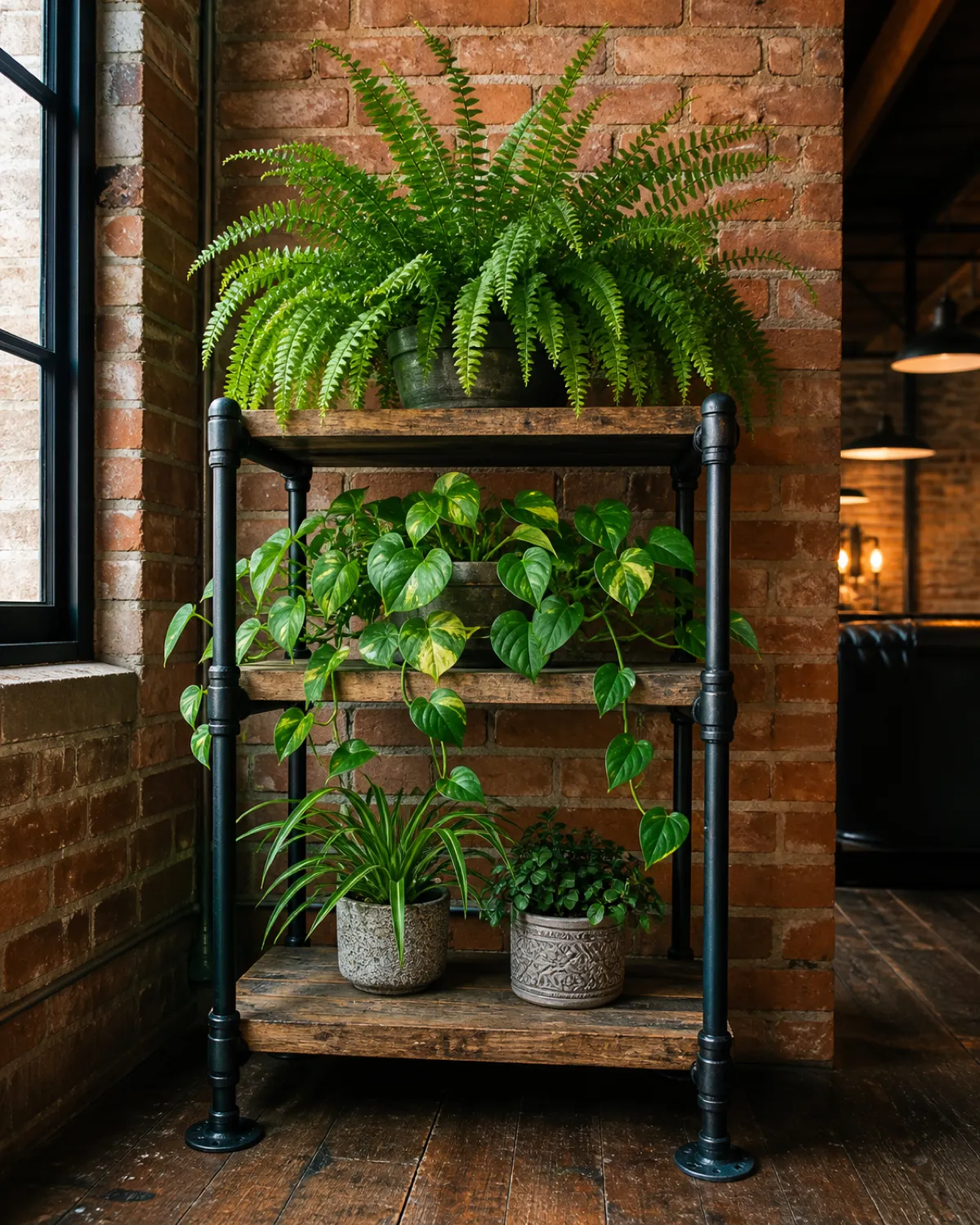 A three-shelf plant stand made from black iron plumbing pipes with floor flanges and reclaimed wood planks holding assorted green plants including a Boston fern and trailing pothos set against an exposed brick wall warm industrial lighting mixed with natural window light loft apartment