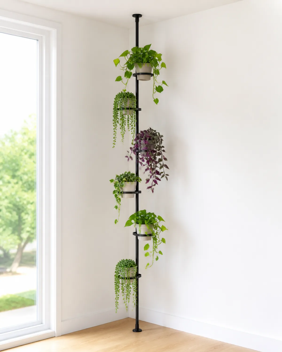 A black metal tension pole extending from floor to ceiling in a bright corner with five adjustable ring holders at different heights each holding a trailing plant in a small pot creating a vertical column of cascading greenery white walls bright natural light