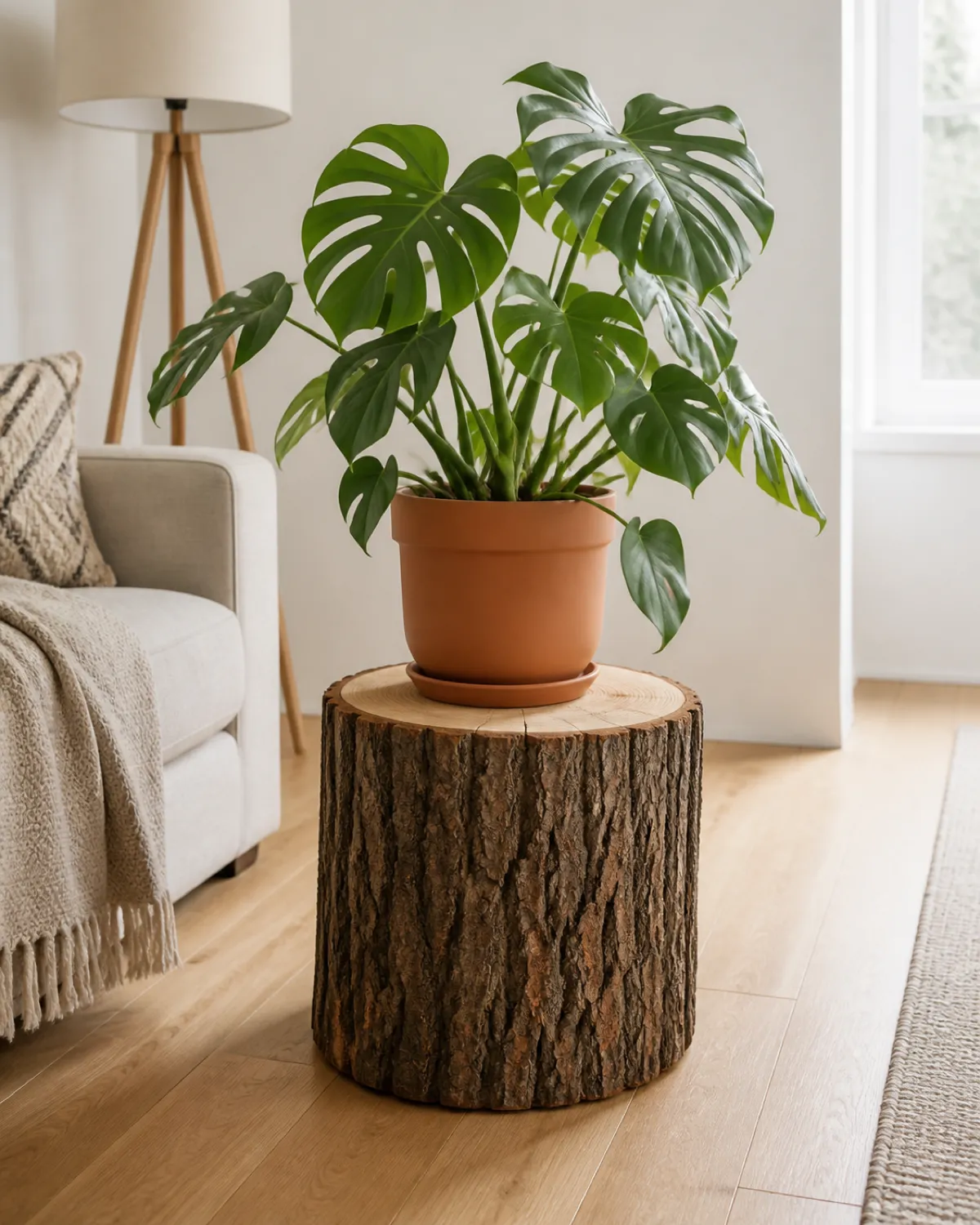 A rustic natural wood stump about fourteen inches tall with bark intact and visible tree rings on the flat top supporting a monstera in a matte terracotta pot on warm hardwood floor in a bright minimalist living room natural light highlighting the wood grain organic texture