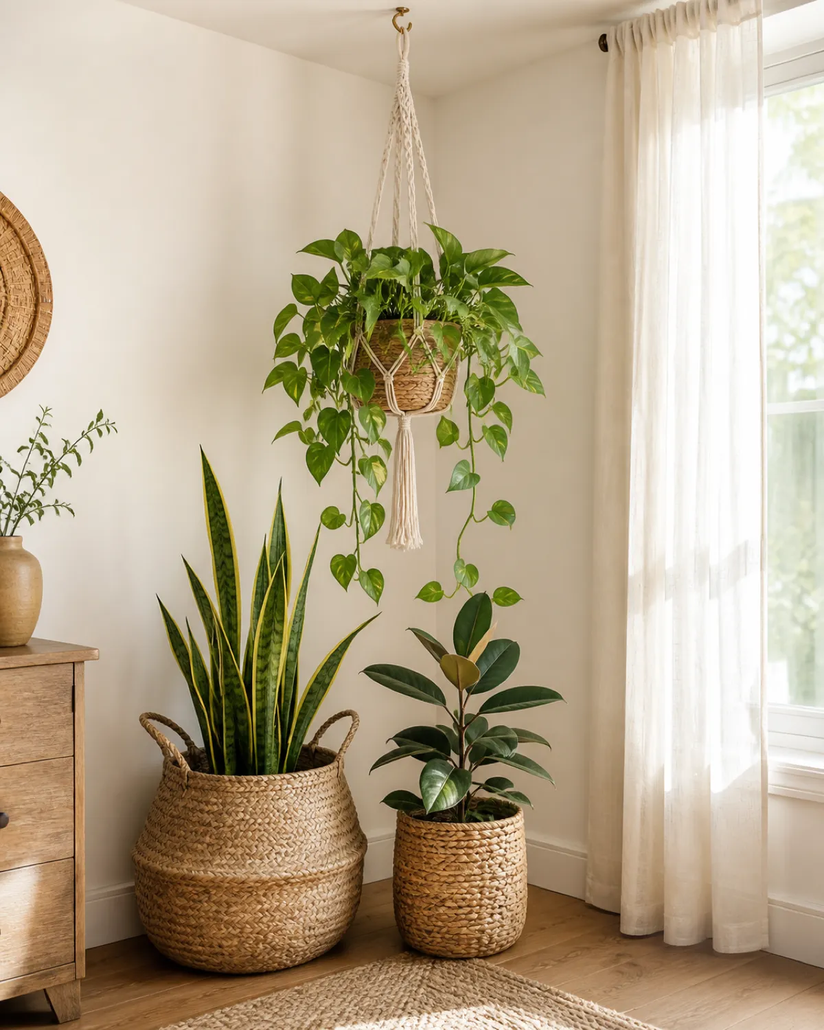 A boho-style plant corner combining a hanging macrame plant holder with trailing pothos from a ceiling hook paired with large woven seagrass baskets on the floor containing a snake plant and a rubber plant bright corner white walls warm wood floors soft natural light bohemian interior