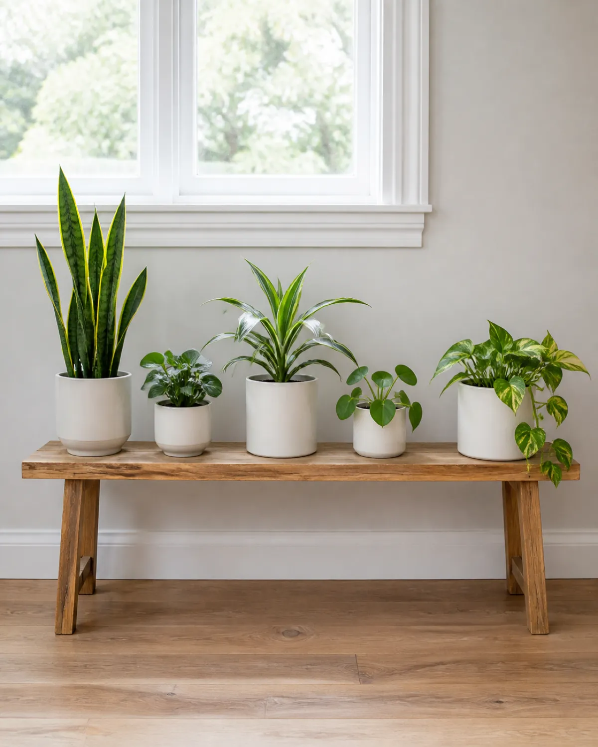 A simple wooden bench about fourteen inches high and forty inches long against a bright wall under a window displaying five plants in matching white ceramic pots of varying sizes arranged in alternating height pattern creating visual rhythm along the bench natural light contemporary interior