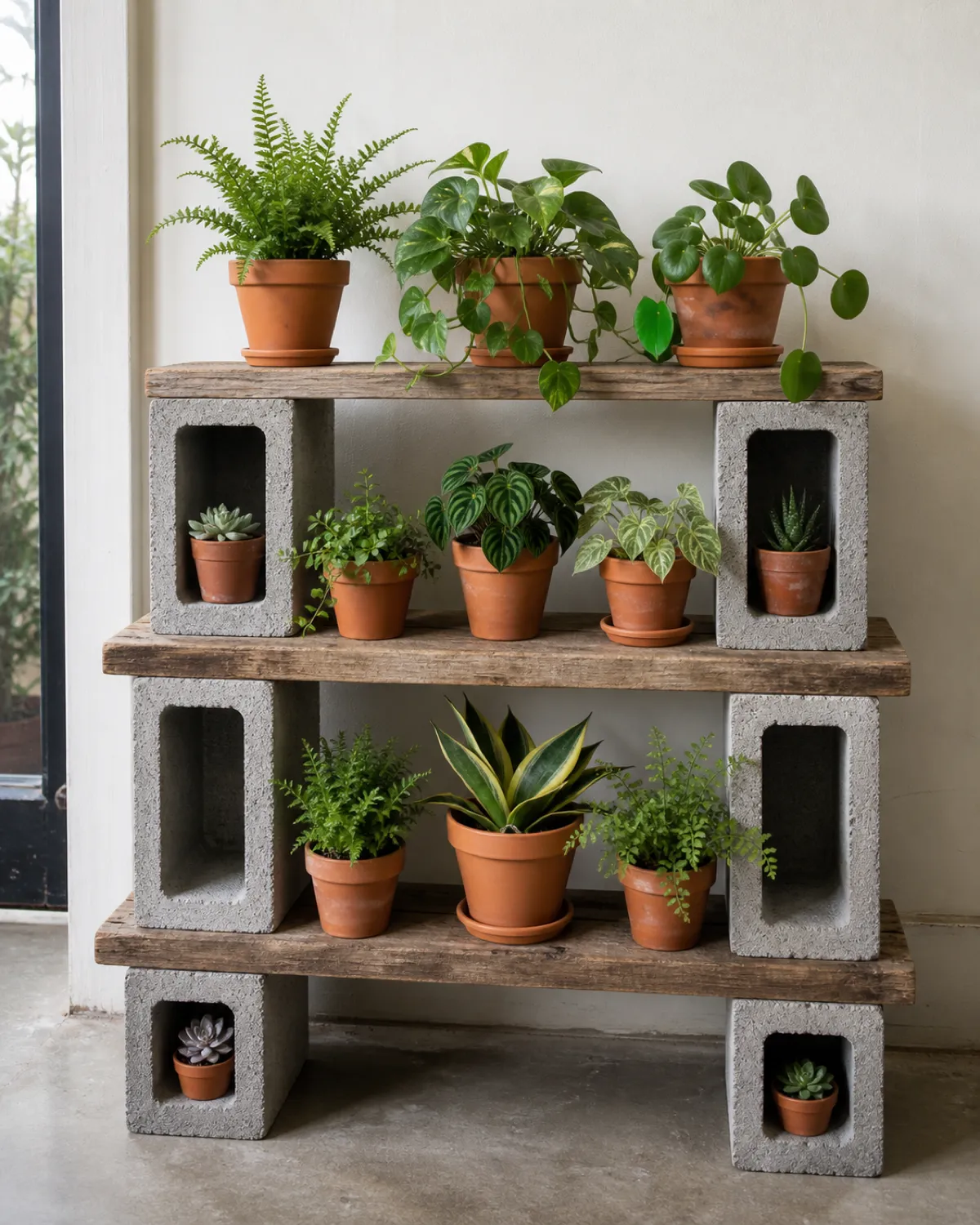 A three-tier plant stand made from stacked concrete cinder blocks and reclaimed wood planks each tier holding different plants in terracotta pots with hollow block cores used as additional small planting spots bright minimalist room raw industrial aesthetic softened by green plants