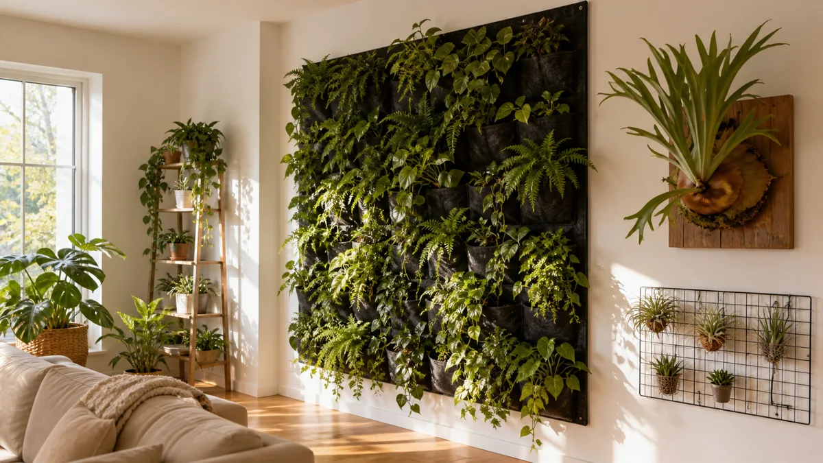 A bright modern living room with a large felt pocket vertical planter covering half of one white wall filled with trailing pothos ferns and philodendrons next to a mounted staghorn fern on a wooden board and a small wire grid with air plants warm natural afternoon sunlight streaming through a large window