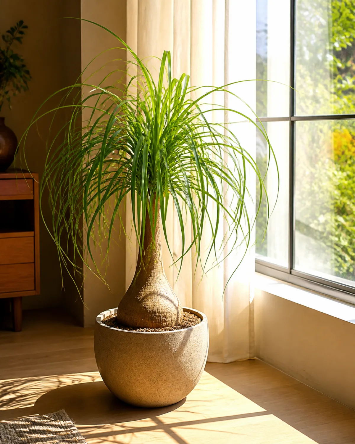 A ponytail palm positioned next to a large south-facing window with bright direct sunlight streaming in the long curly leaves catching the light and creating delicate shadows on a light wood floor sheer white curtain partially drawn showing the plant thriving in full sun interior setting warm tones