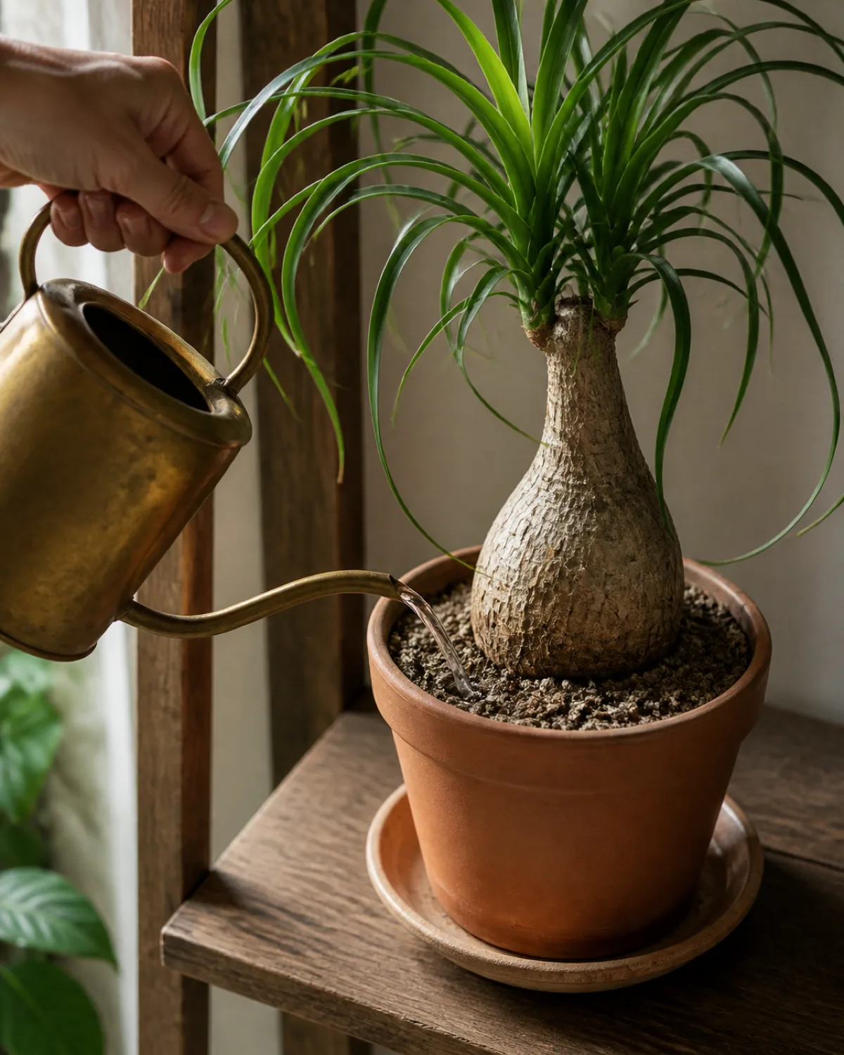 A person pouring water from a brass watering can into a terracotta pot containing a ponytail palm with a visible swollen caudex water flowing into completely dry crumbly sandy soil the pot sitting on a ceramic saucer on a wooden shelf demonstrating the soak-and-dry method soft natural light