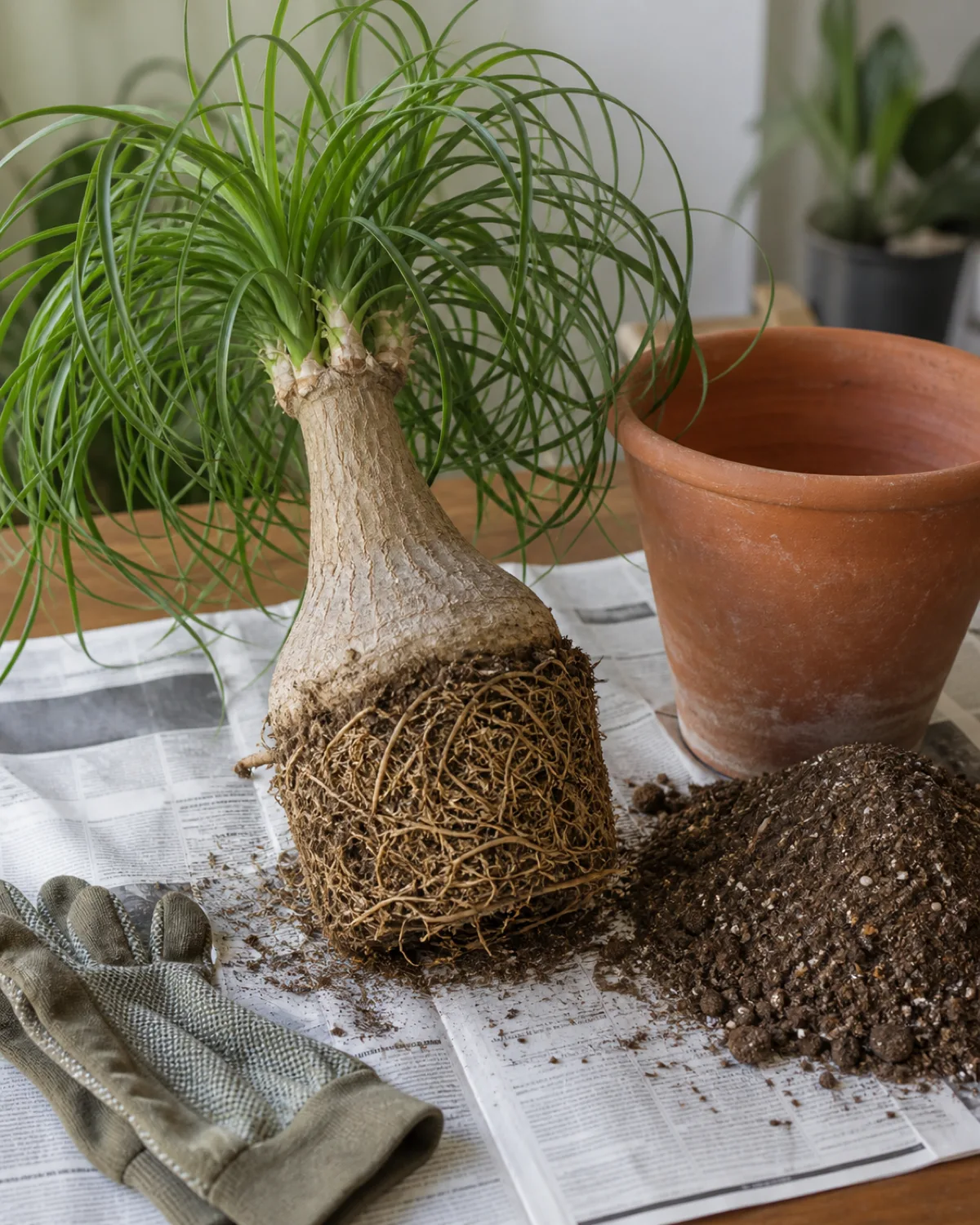 A ponytail palm being repotted the plant lifted out of an old pot showing a tightly bound root ball with the large caudex clearly visible above the roots sitting on newspaper on a table next to a slightly larger terracotta pot and fresh dry sandy soil mix gardening gloves nearby natural light