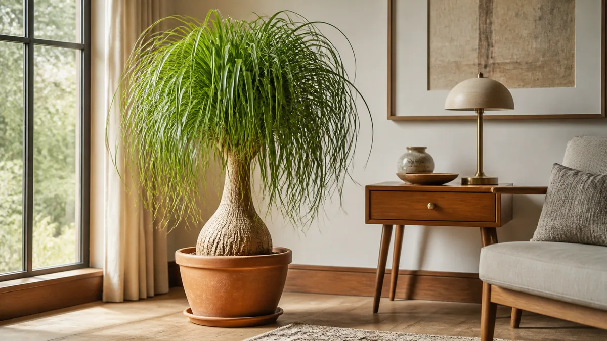 A mature ponytail palm in a terracotta pot in a bright living room corner showing its distinctive swollen bulbous caudex trunk base and cascading fountain of long curly thin green leaves next to a mid-century modern wooden side table soft natural afternoon light from a large window warm neutral wall