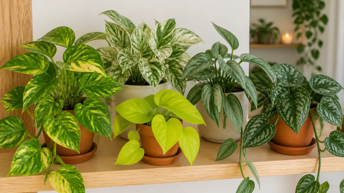 A curated collection of different pothos varieties displayed on a light wood surface including golden pothos with yellow marbling marble queen with white streaks neon pothos in electric chartreuse cebu blue with silvery elongated leaves and satin pothos with silver spots each in a small ceramic pot with bright natural window light