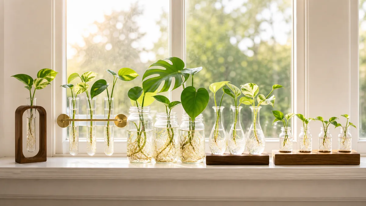 Five different propagation station vessels in a row on a bright windowsill including a single test tube in a walnut stand a wall-mounted brass test tube rack a cluster of mason jars with monstera cuttings a row of bud vases with pothos varieties and a multi-hole wood board with small glass bottles all filled with clean water and visible white roots in warm morning backlight