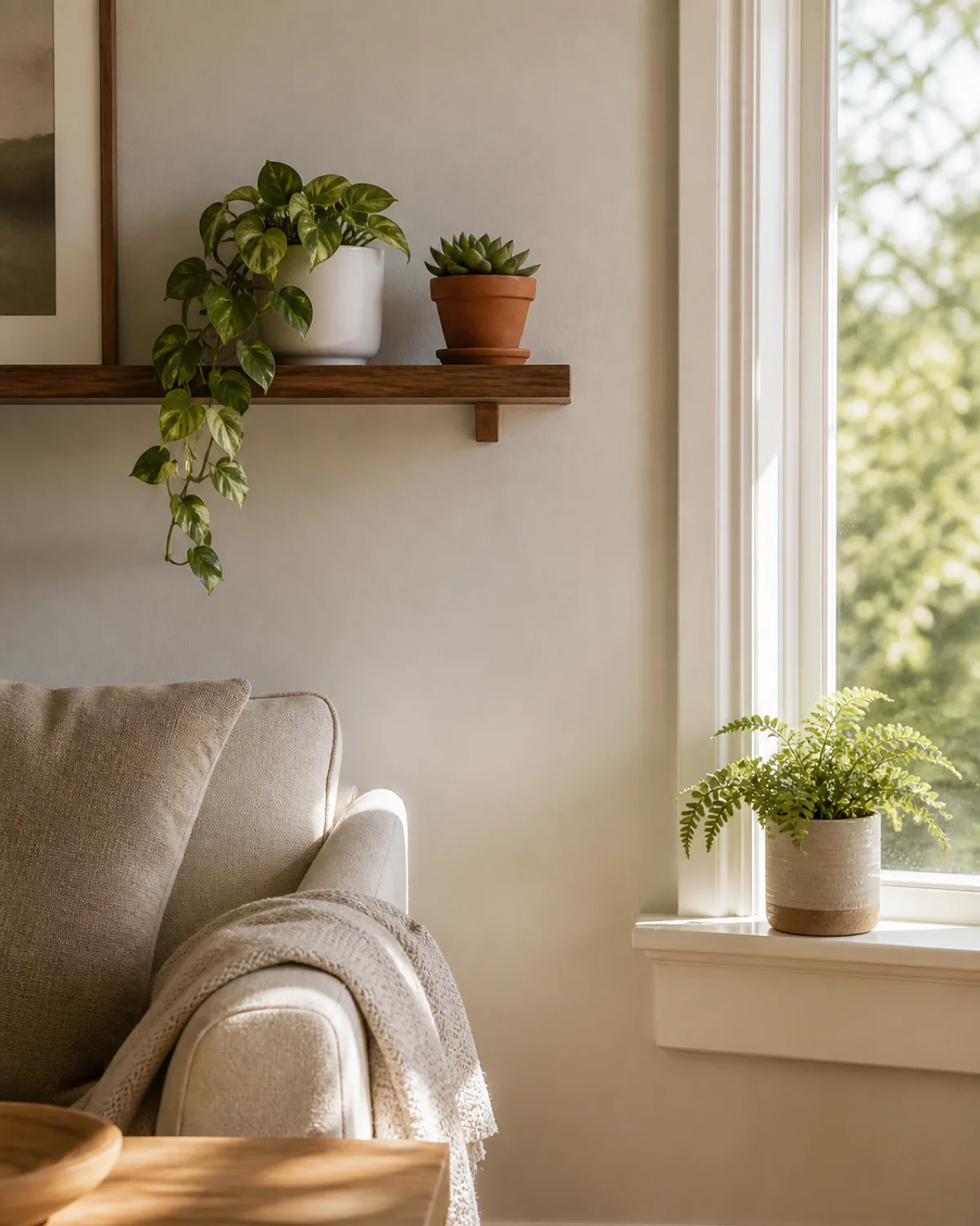 A bright modern living room corner showing a small collection of indoor plants on a narrow floating shelf and windowsill with a trailing pothos in a small white pot a compact succulent in a terracotta pot and a tiny fern in a ceramic planter demonstrating how small plants transform a space without taking up floor area warm natural afternoon light