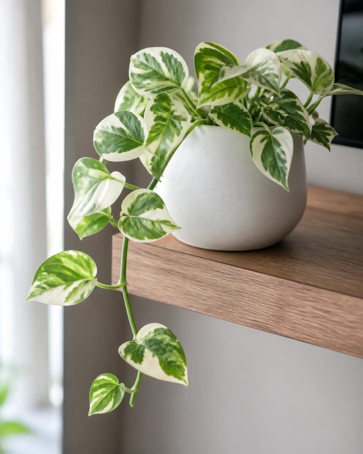 A close-up of a Pothos N'Joy plant in a small matte white ceramic pot sitting on the edge of a floating wooden shelf its compact vines trailing about twelve inches over the shelf edge showing distinctive white and green variegated heart-shaped leaves bright indirect natural light from a nearby window