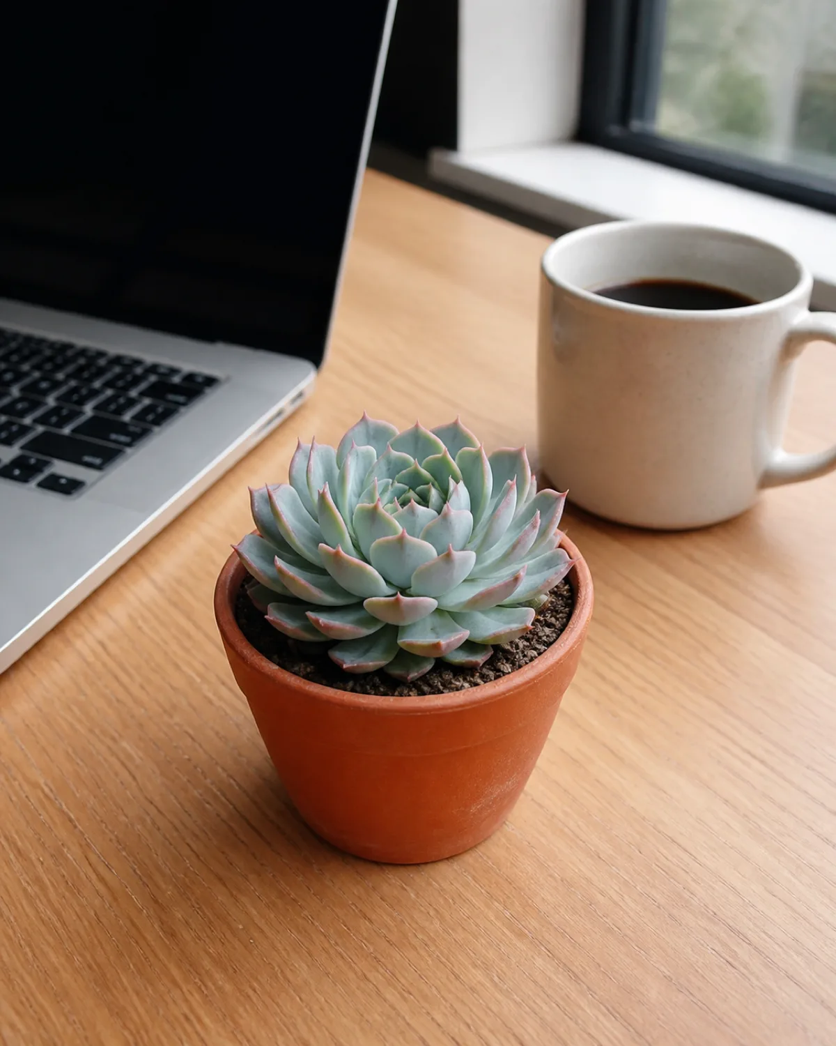 A compact echeveria rosette succulent in a small terracotta pot centered on a clean modern wooden desk next to a laptop and a ceramic coffee mug the rosette showing perfectly symmetrical pale blue-green leaves with pink-tinged edges about four inches across bright natural window light from the side
