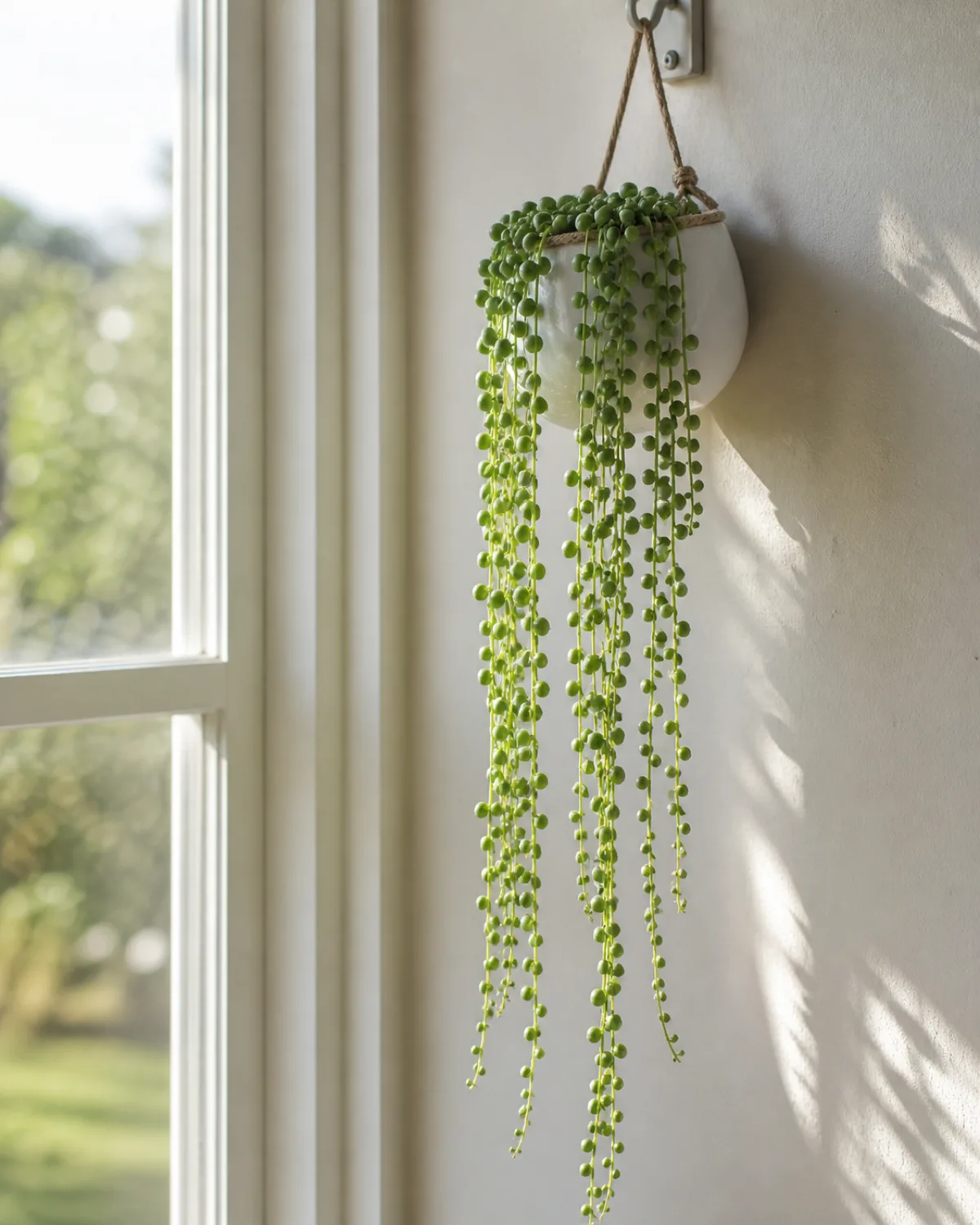 A string of pearls plant trailing from a small hanging white ceramic pot mounted high on a wall hook the bead-like round succulent leaves cascading in long strands about two feet down each pearl showing a tiny translucent window stripe bright morning sunlight illuminating the pearls from behind