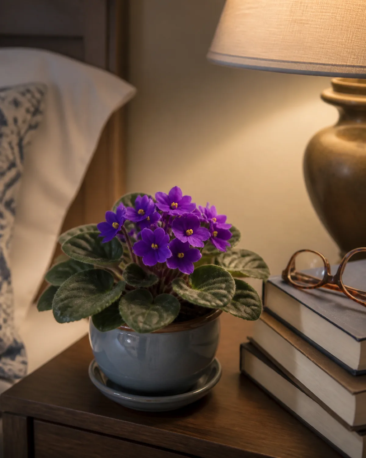 An African violet Saintpaulia in a small glazed ceramic pot with a saucer sitting under a warm reading lamp on a bedside table showing a compact rosette of fuzzy dark green leaves about six inches across with clusters of vivid purple flowers blooming from the center