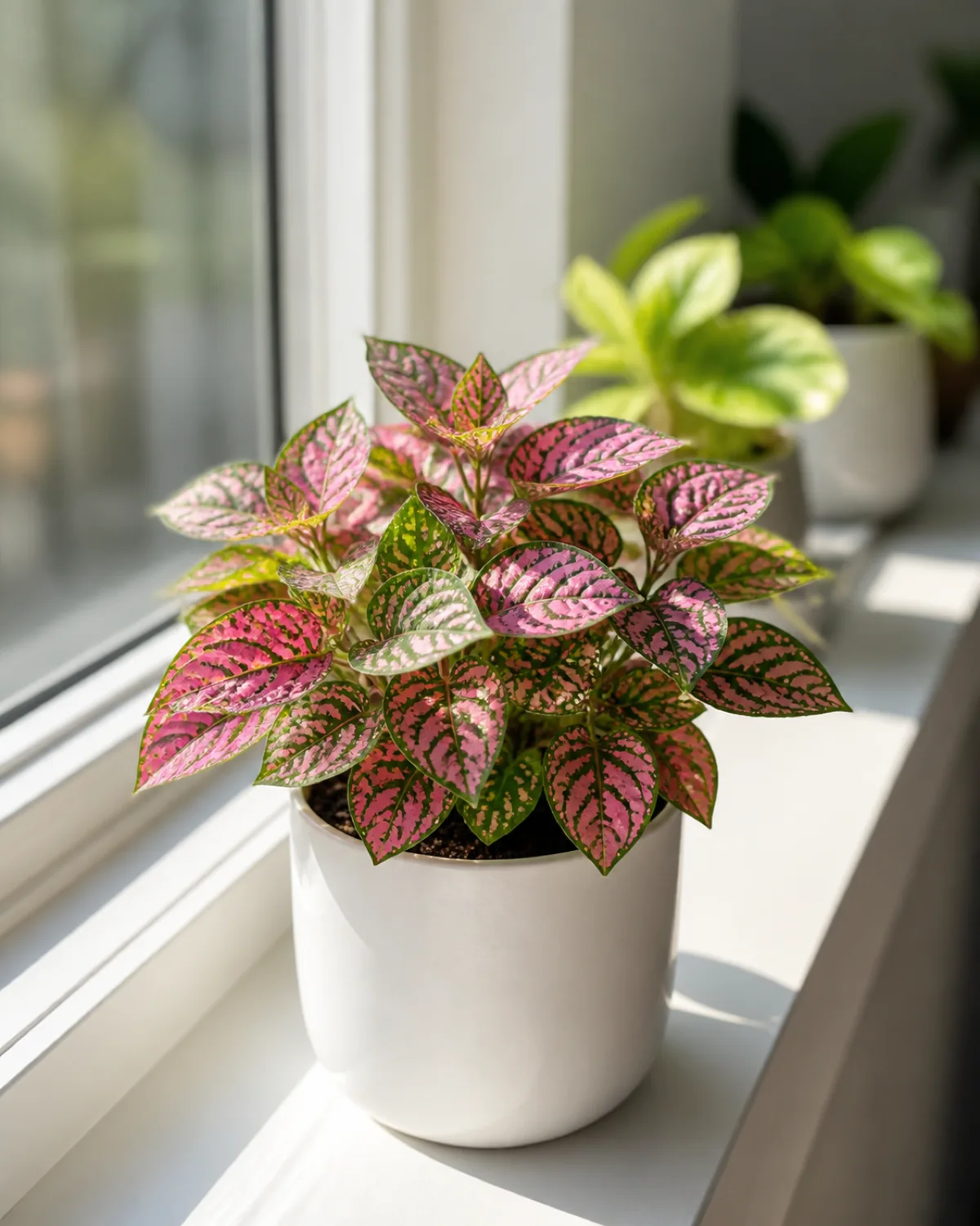 A polka dot plant Hypoestes phyllostachya in a small white pot on a bright windowsill showing vivid pink and green spotted leaves about eight inches tall compact and bushy from regular pinching bright morning light making the pink spots glow