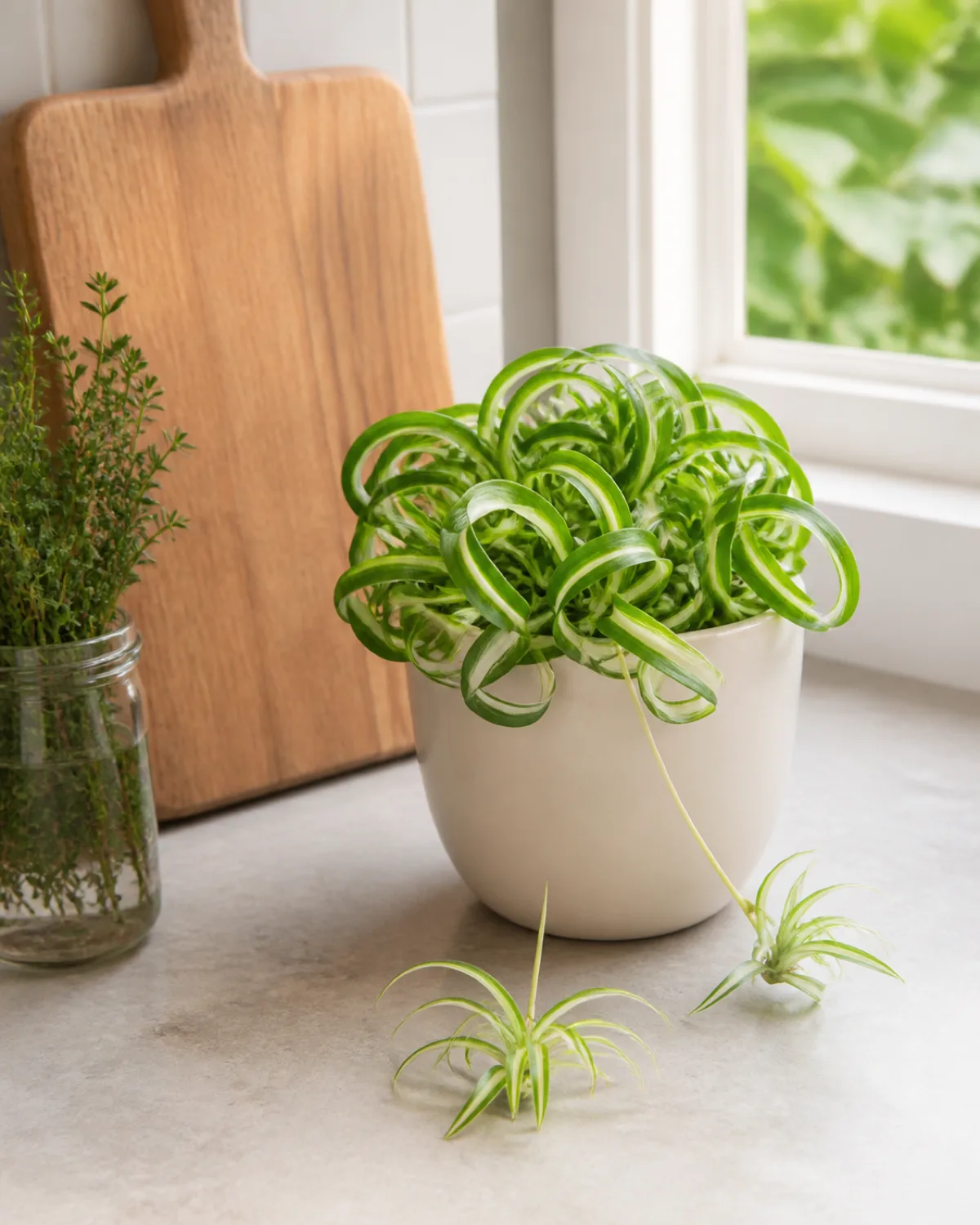 A compact curly spider plant Chlorophytum comosum Bonnie in a small cream ceramic pot on a kitchen counter next to a wooden cutting board and a small herb jar about eight inches showing tightly curled variegated green and white leaves with two small spiderette plantlets cascading over the pot edge