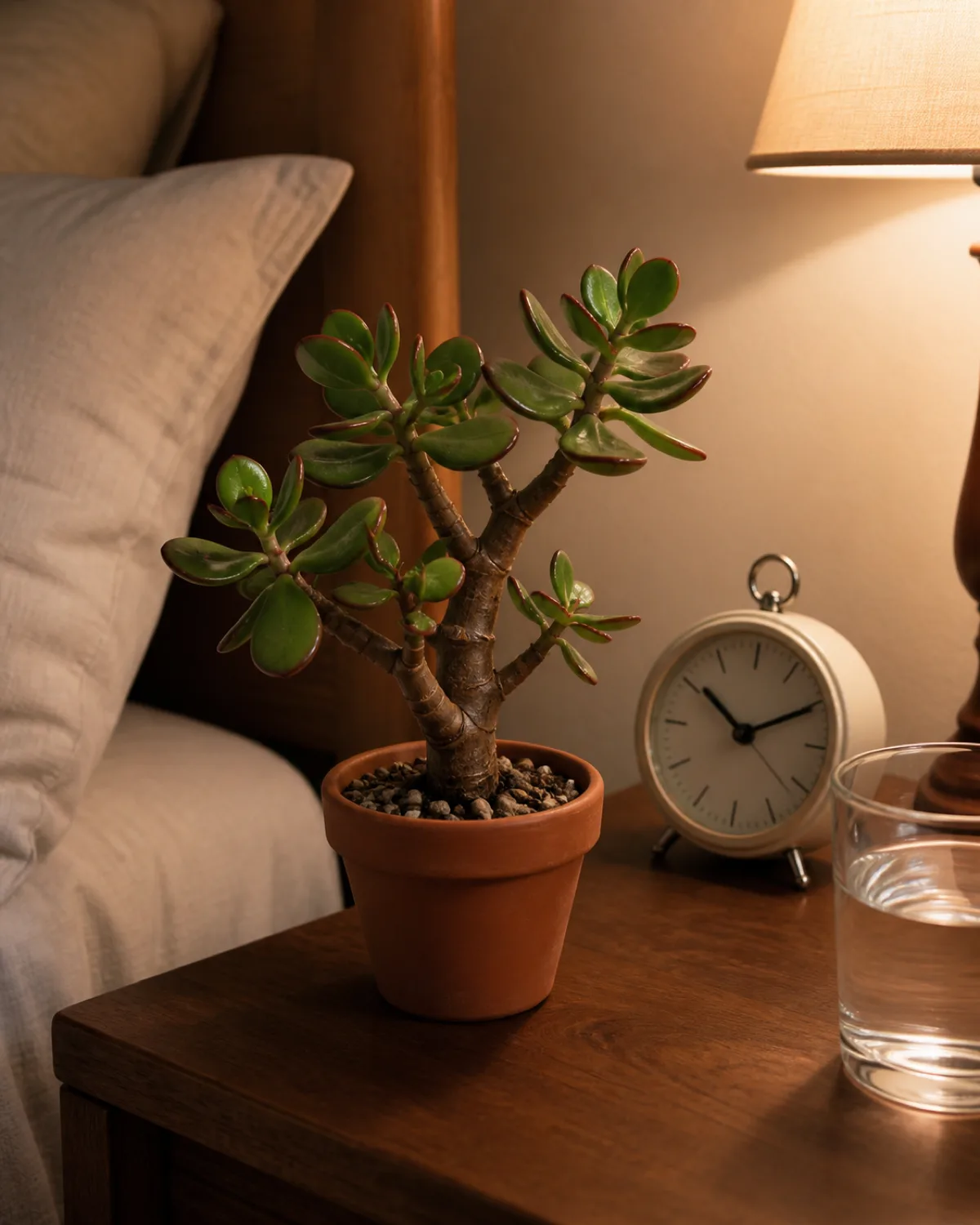 A miniature jade plant Crassula ovata in a small terracotta pot on a bedside table next to a small alarm clock the plant about six inches tall showing a thick woody brown trunk branching into plump oval dark green leaves with slight red edges creating a bonsai-like appearance warm lamp light