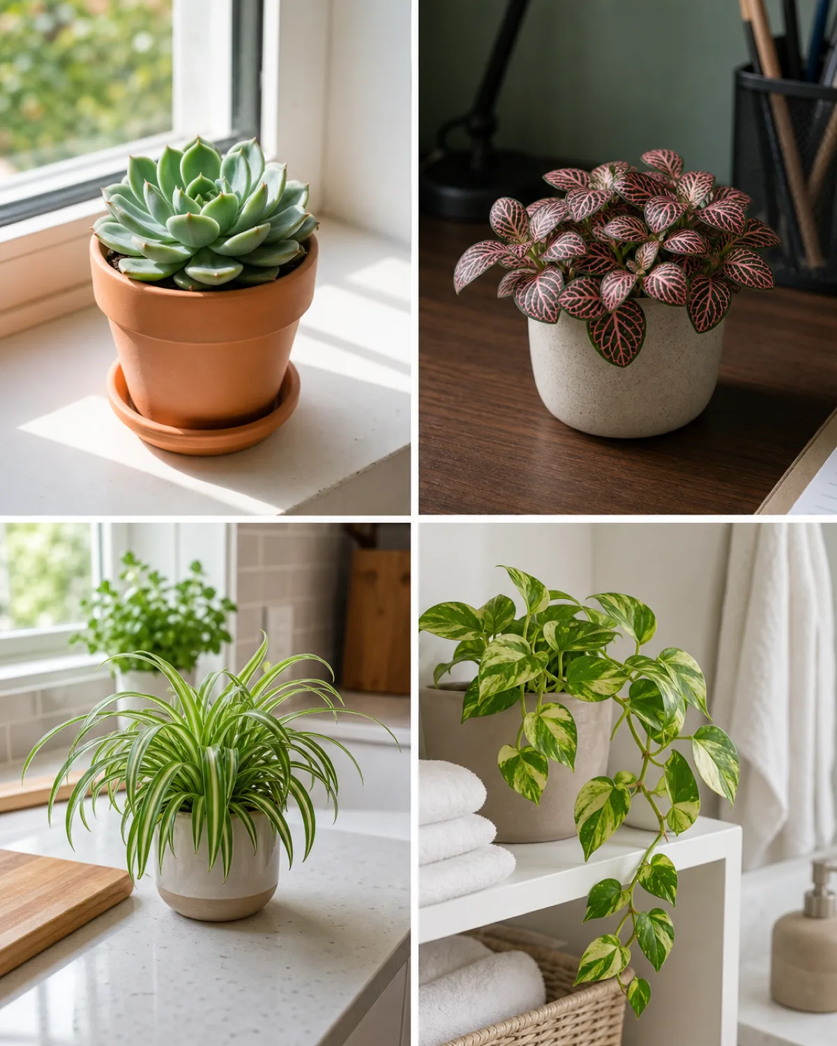 A styled vignette showing four small plants each matched to their ideal location a succulent on a bright windowsill a fittonia on a shaded desk a spider plant on a kitchen counter and a pothos trailing from a bathroom shelf in warm natural light