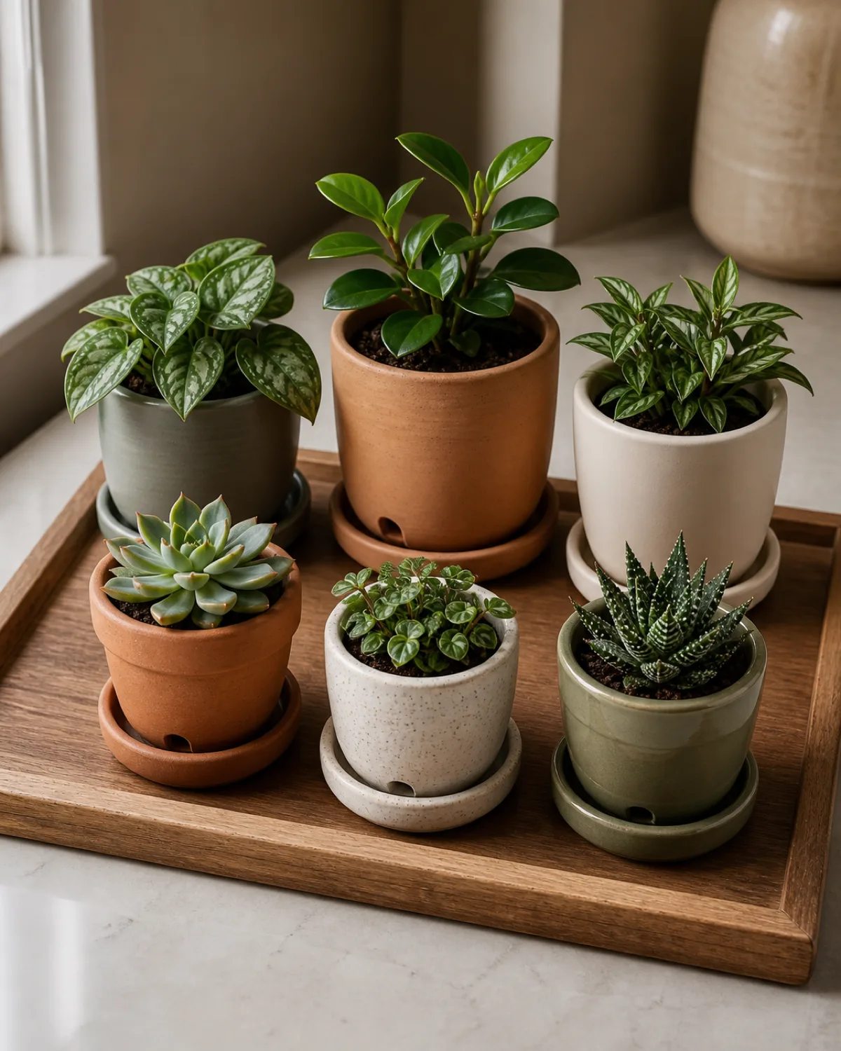 A close-up still life arrangement of six small ceramic and terracotta pots in coordinated earth tones on a simple wooden tray each pot containing a different small plant with drainage saucers underneath showing pot proportion and plant sizing soft natural side lighting on a clean countertop