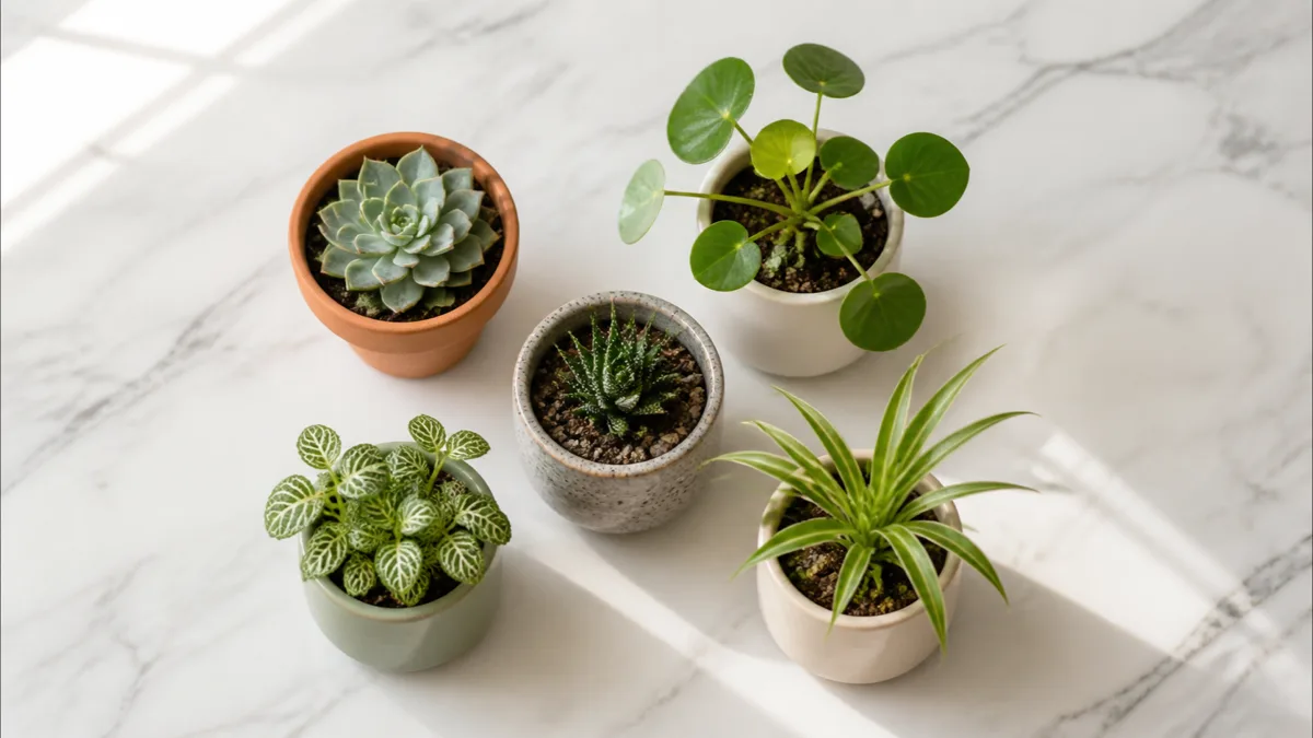 An overhead flat-lay arrangement on a white marble surface showing a curated collection of small indoor plants in coordinated ceramic pots including a tiny echeveria rosette in terracotta a small pilea in a white ceramic pot a miniature haworthia in a speckled grey pot a compact fittonia in sage green and a baby spider plant in cream with soft natural morning light