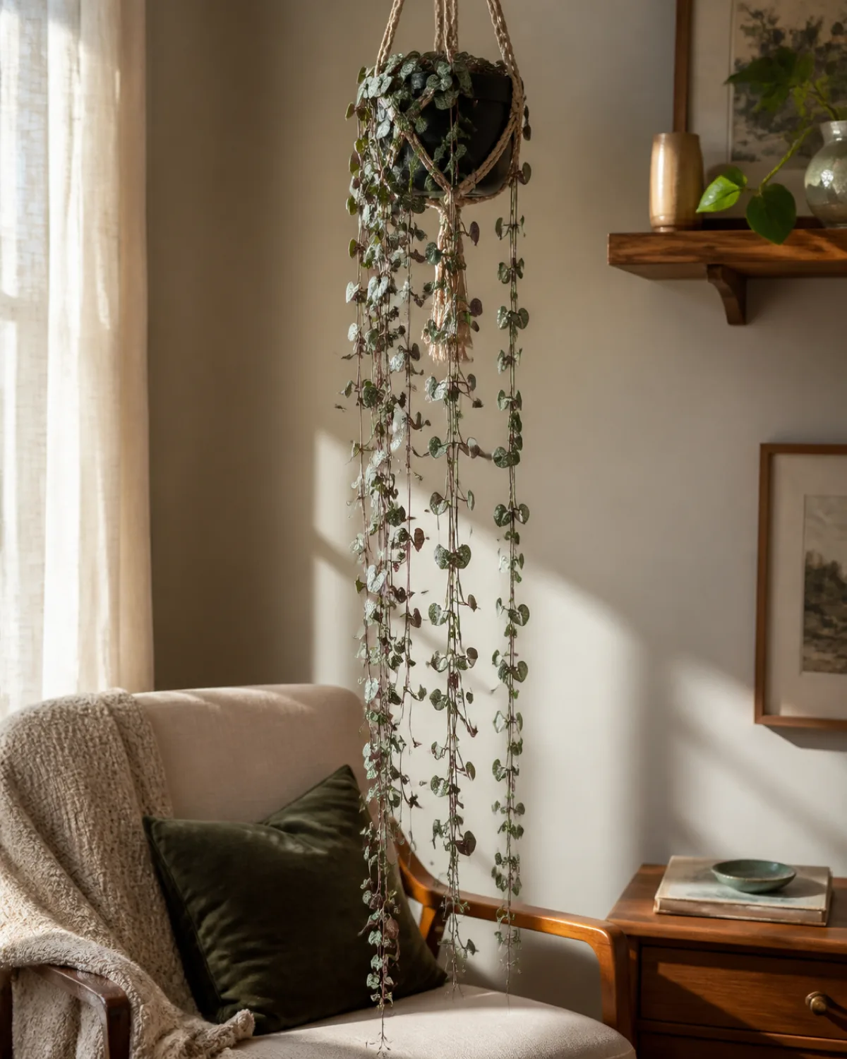 A string of hearts hanging from a macrame hanger in a bright living room corner with long trailing vines and consistently spaced healthy leaves showing the plant thriving in normal room conditions with warm afternoon light