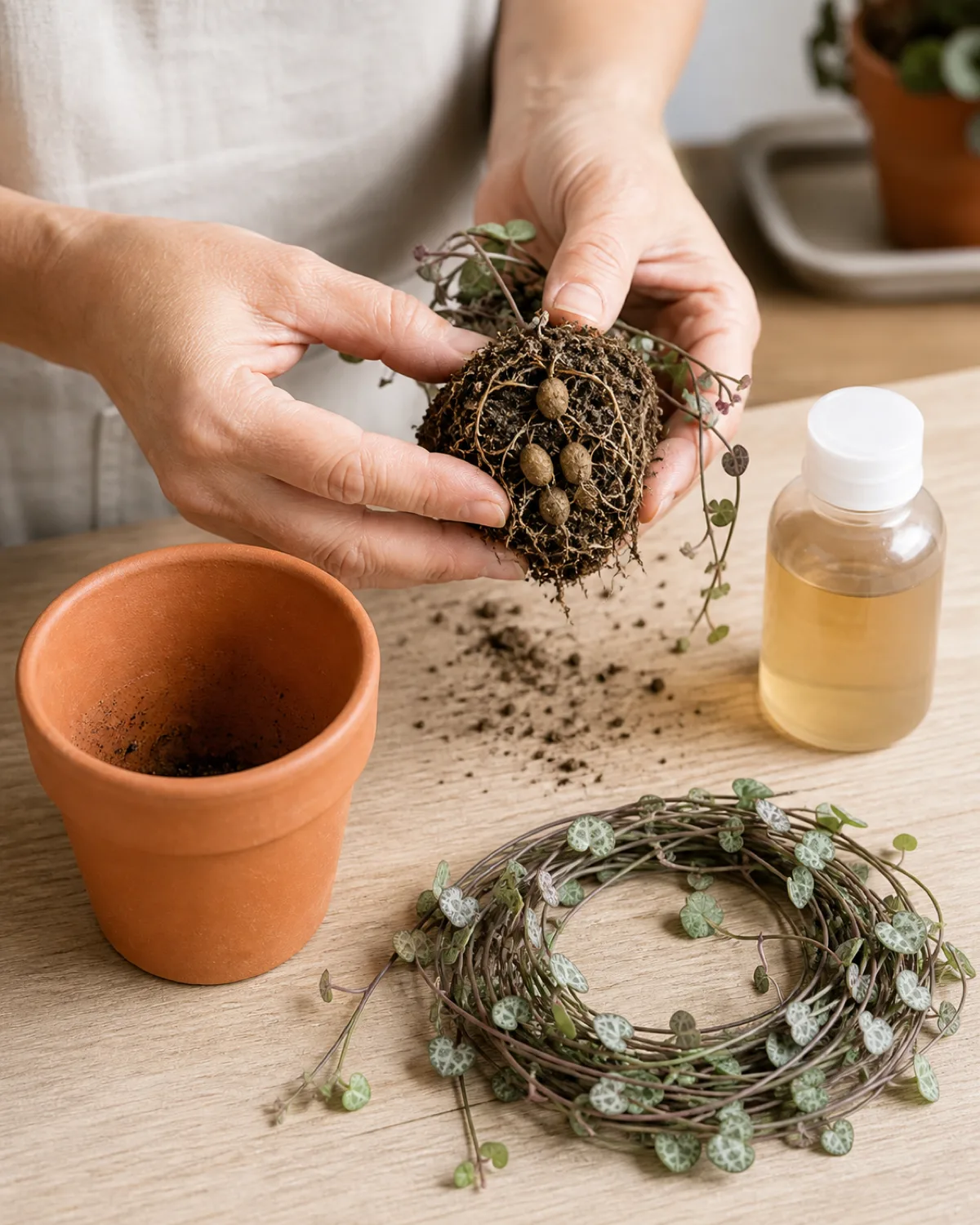 Hands gently lifting a string of hearts plant from its terracotta pot showing the compact root ball with several firm brown tubers and thin roots with a new clean pot one inch larger and diluted fertilizer nearby