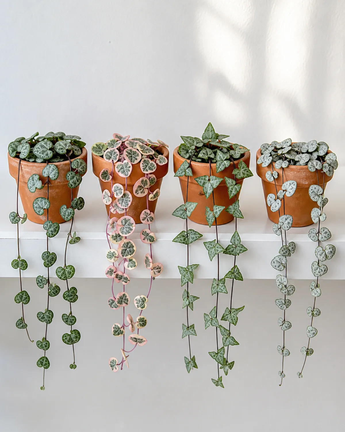 Collection display of four different Ceropegia woodii cultivars in matching terracotta pots arranged in a row on a bright shelf showing the standard green and silver form the variegated pink and cream form a more pointed spade-shaped form and a heavily silvered form