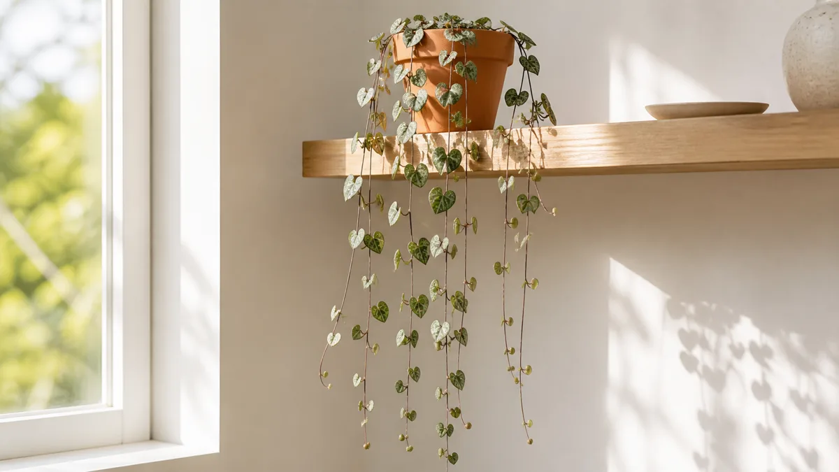 A trailing string of hearts plant cascading from a small terracotta pot on a bright wooden shelf with dozens of small heart-shaped leaves showing silver marbling on dark green surfaces and small round aerial tubers visible along the stems in warm morning sunlight