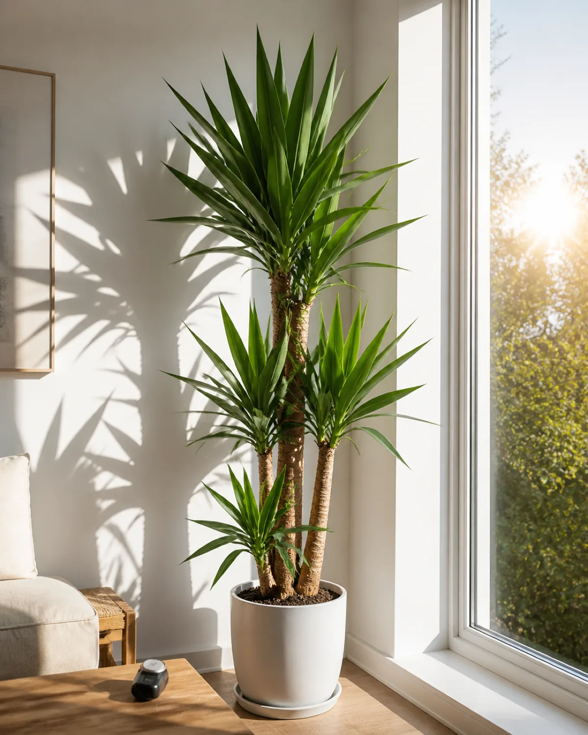 A tall yucca plant beside a large bright south-facing window with direct afternoon sunlight streaming through and hitting the sword-like leaves creating sharp light and shadow patterns the plant thriving with tight compact rosettes and deep green coloring
