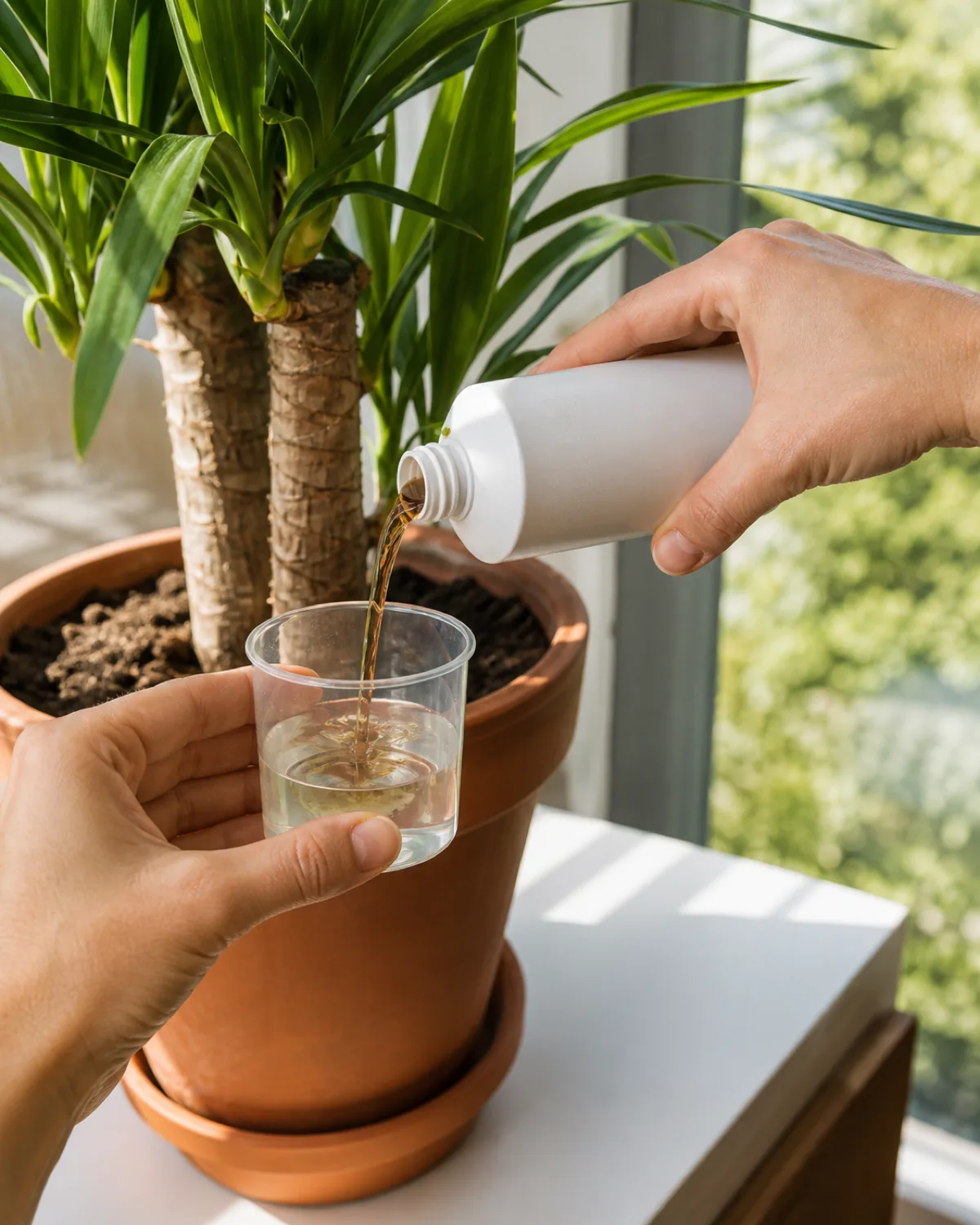 A close-up of hands diluting liquid plant fertilizer in a measuring cup beside a yucca plant showing half-strength preparation with the fertilizer bottle visible the yucca in a terracotta pot on a bright windowsill spring light streaming in
