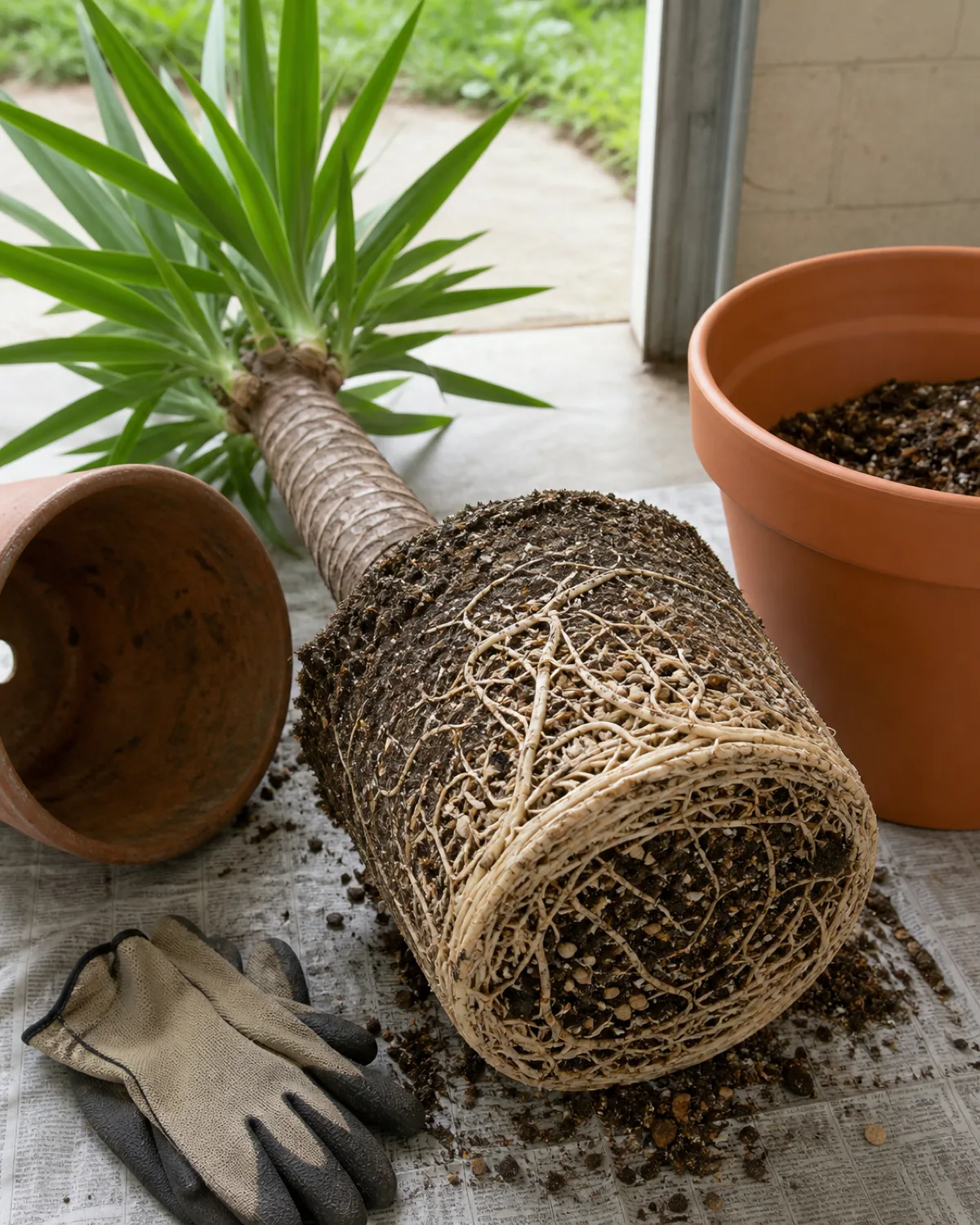 A yucca being repotted tipped on its side showing the dense white root ball emerging from the old pot a slightly larger terracotta pot with fresh gritty soil mix waiting beside it gardening gloves nearby bright outdoor light