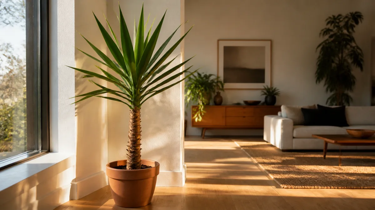 A dramatic yucca elephantipes standing five feet tall with a thick woody cane trunk and crown of long sword-shaped dark green leaves radiating upward in a bright modern living room beside a large south-facing window with direct sunlight streaming across the leaves