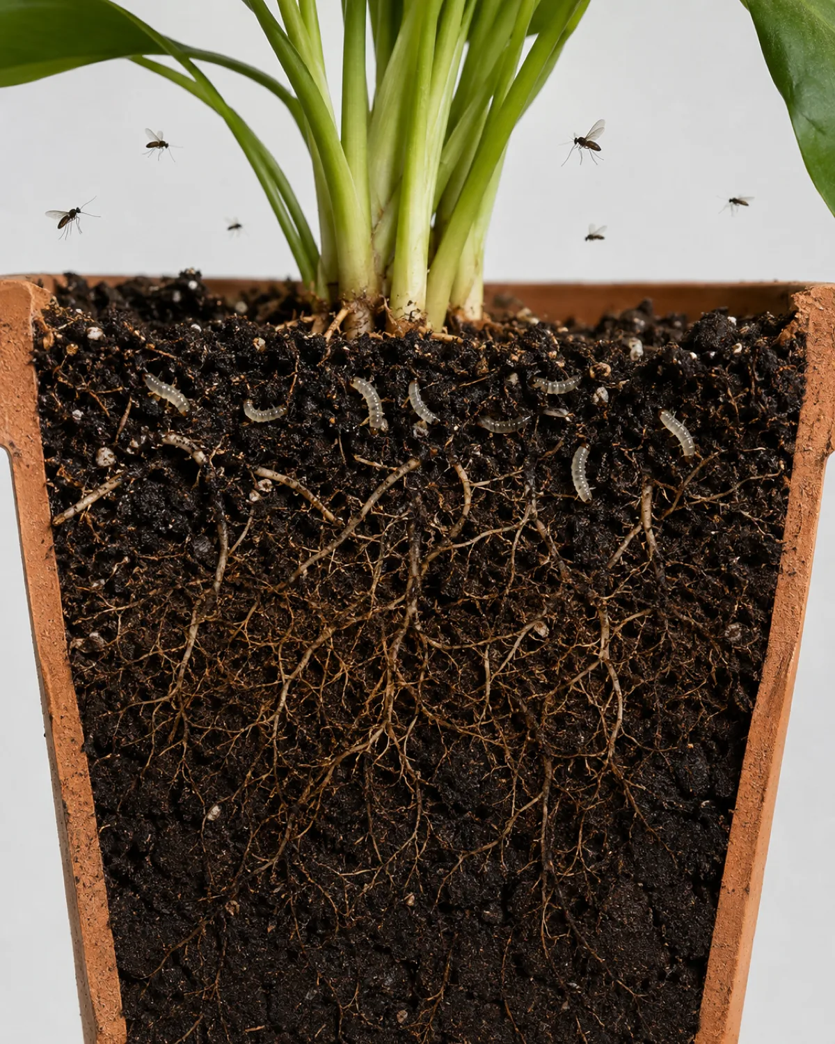 A cross-section style educational view of a houseplant pot showing the soil layers with tiny translucent white larvae with dark heads visible in the top 2 inches of moist dark potting soil among fine plant roots a few adult gnats hovering above the soil surface green plant stems emerging from the top bright studio-style lighting for clarity botanical illustration meets photography