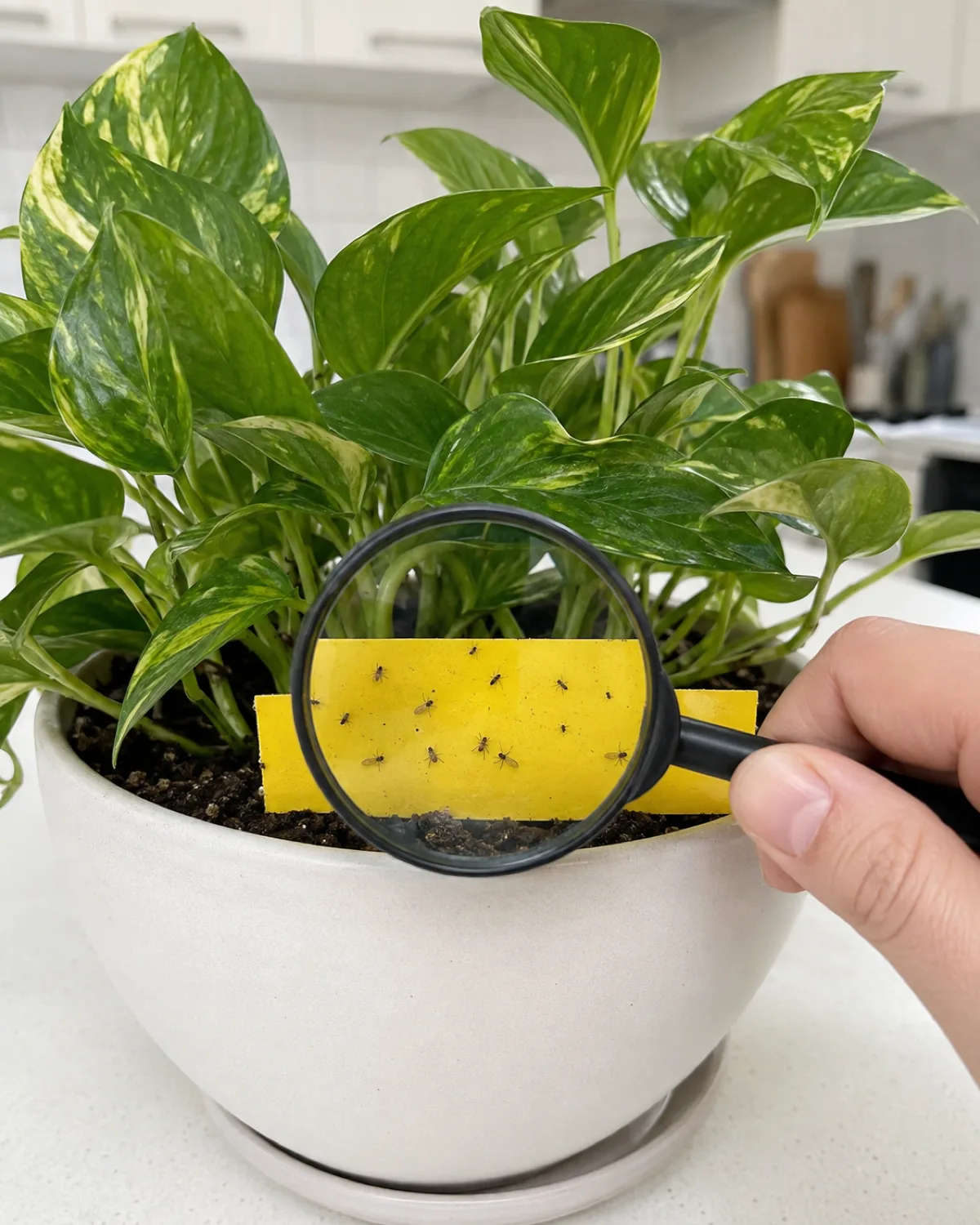 A bright yellow sticky trap card inserted horizontally at the soil surface level of a potted houseplant the trap showing several small dark fungus gnats stuck to its surface a person hand holding a magnifying glass examining the caught insects the potted plant a lush pothos in the background natural daylight on a white kitchen counter diagnostic inspection style