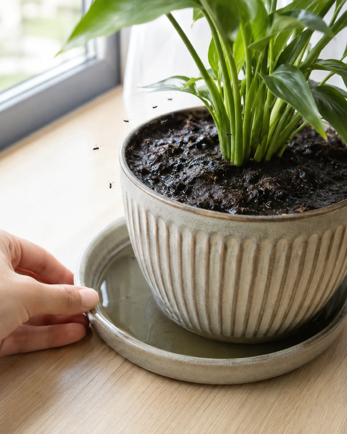 A potted houseplant in a decorative ceramic pot sitting in a saucer with standing water the soil surface dark and visibly waterlogged with a slight sheen of moisture several tiny fungus gnats hovering and landing on the wet soil surface a person hand about to remove the saucer of standing water the scene illustrating the connection between overwatering and fungus gnat infestation bright natural light from a nearby window