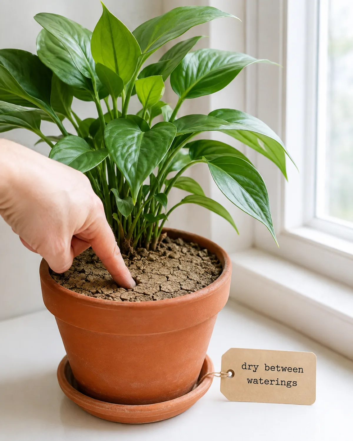 A side view of a houseplant in a terracotta pot showing dry lighter colored soil surface on top with a person finger inserted into the soil to check moisture depth the pot sitting on a clean white surface the plant looking healthy with green leaves despite the dry surface soil bright airy natural light instructional gardening photography