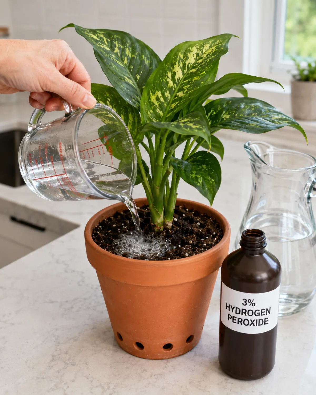 A person pouring a clear diluted hydrogen peroxide solution from a measuring cup into the soil of a potted houseplant visible fizzing and tiny bubbles forming on the soil surface as the solution contacts the moist soil a brown bottle of 3 percent hydrogen peroxide and a clear pitcher of water on the counter nearby the plant in a terracotta pot with drainage holes bright kitchen counter setting natural light treatment tutorial style