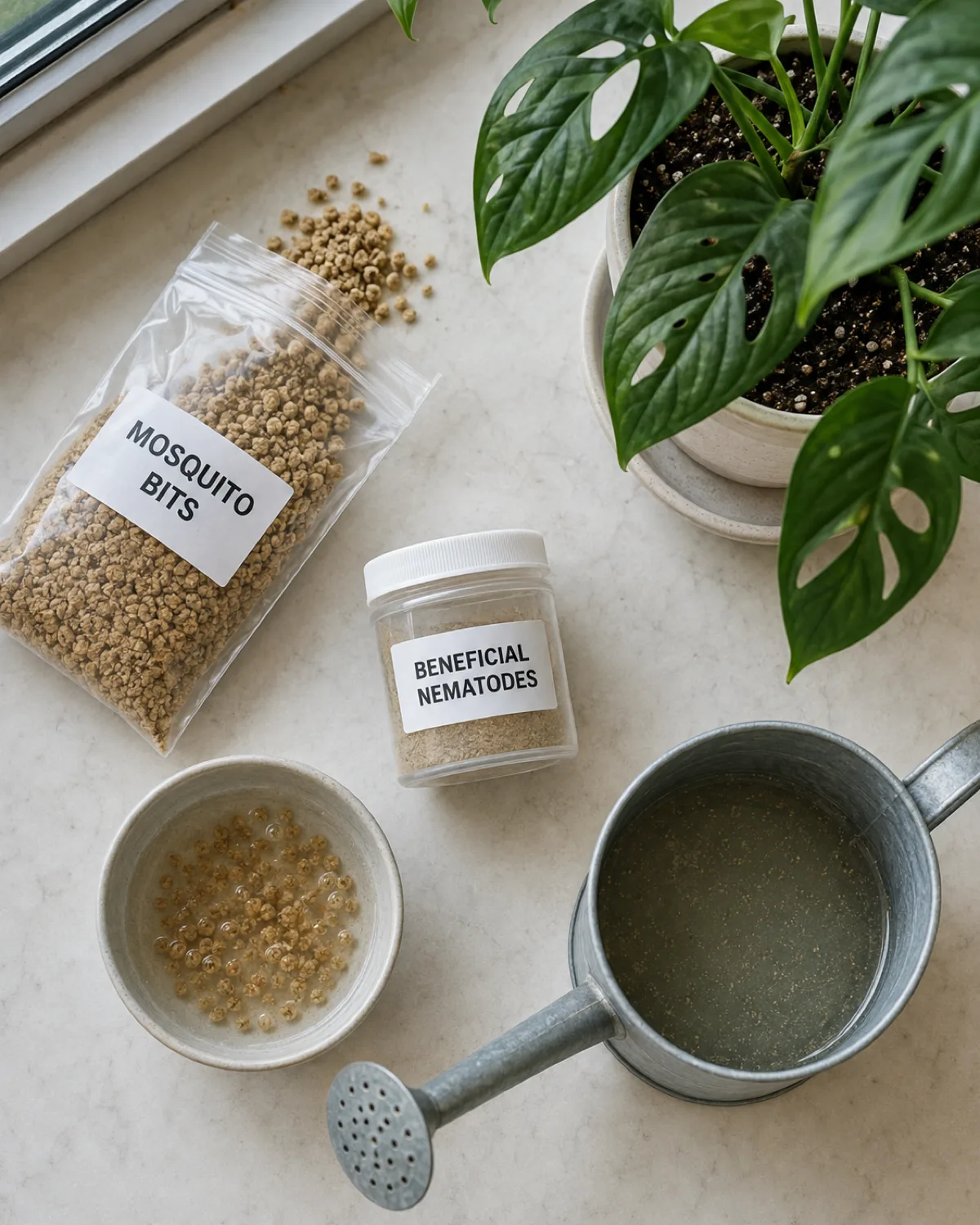 A flat-lay arrangement on a clean surface showing biological fungus gnat control products a small bag of Mosquito Bits granules spilling slightly open a container labeled for beneficial nematodes a watering can with prepared solution inside and a potted plant nearby ready for treatment a small bowl of water with Mosquito Bits soaking in it natural daylight product-forward but styled editorial layout