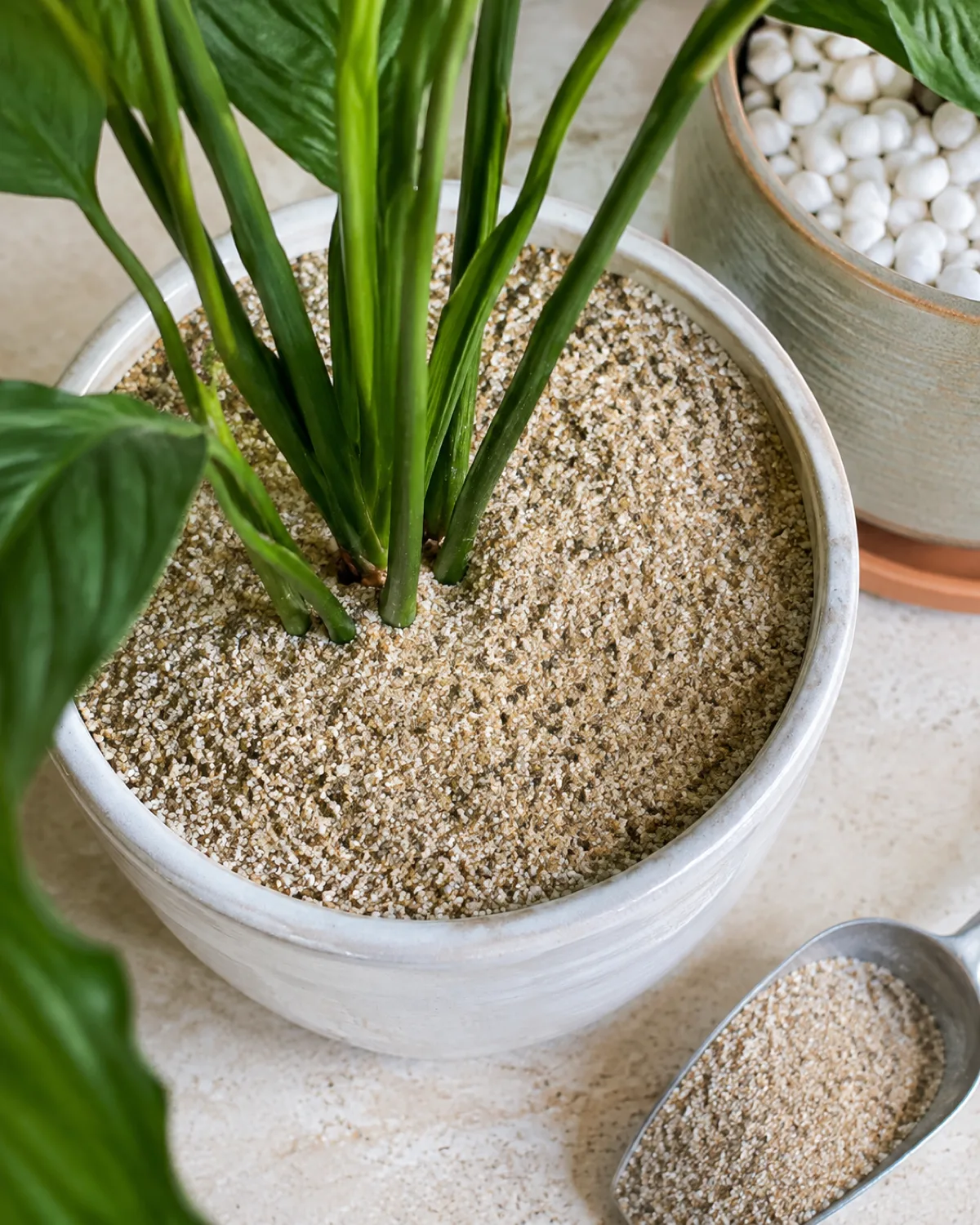 A close-up overhead view of a potted houseplant where the soil surface has been covered with a half-inch layer of coarse horticultural sand creating a light-colored protective barrier the gritty texture clearly visible green plant stems emerging from the center through the sand layer a small scoop of the same sand nearby another pot in the background showing decorative white pebbles as an alternative top dressing bright natural overhead light