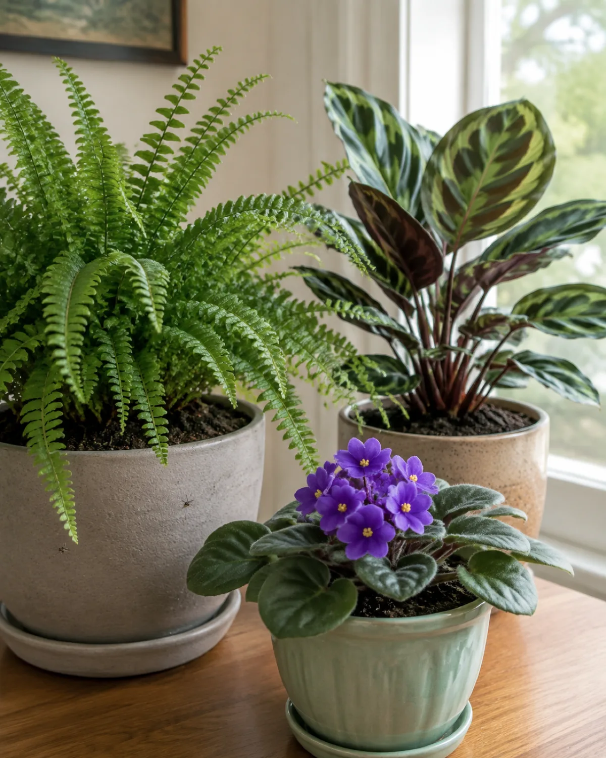 A group of moisture-loving houseplants arranged together showing their lush foliage a Boston fern with delicate fronds a calathea with patterned leaves and an African violet in bloom all in pots with visibly moist dark soil subtle tiny gnats hovering near the fern moist soil the plants looking healthy but illustrating why humidity-loving species are most susceptible soft natural light styled plant group photography