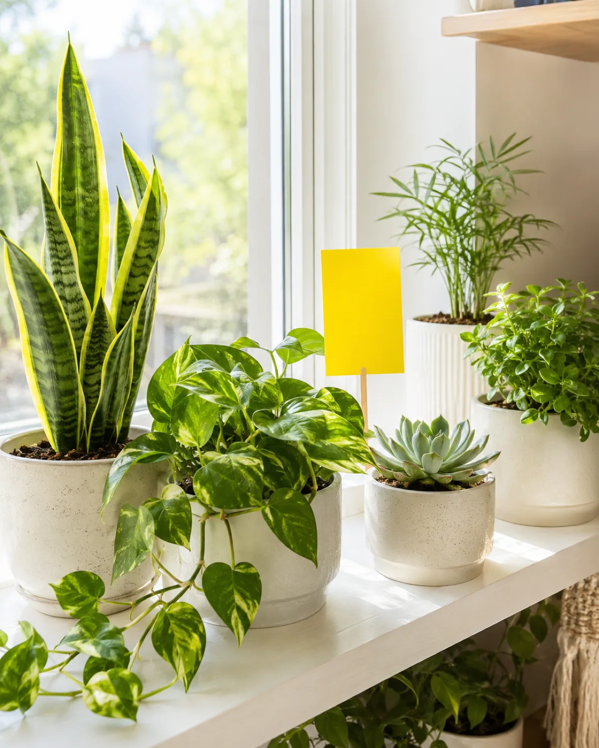 A cheerful bright scene of a healthy houseplant collection on a window shelf no visible pests clean dry soil surfaces on the pots a yellow sticky trap tucked among the plants showing zero catches indicating a pest-free environment the plants including various types like snake plant pothos and a small succulent bright sunny window light streaming in clean and optimistic after-treatment success scene