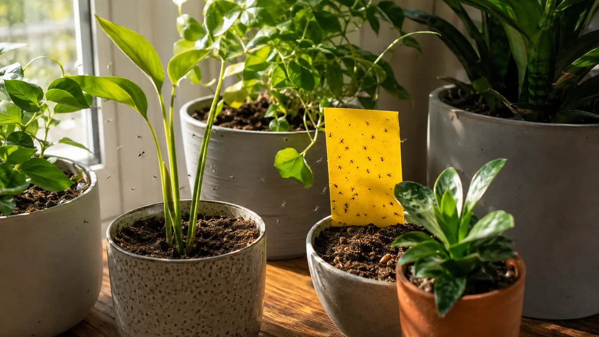 A collection of potted houseplants on a wooden table near a sunny window with several tiny dark fungus gnats visible hovering around the soil surface and a yellow sticky trap card placed among the pots catching some gnats warm natural morning light clean modern interior