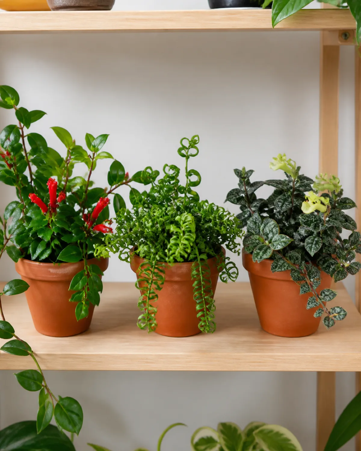Three different Aeschynanthus varieties displayed together on a light wooden shelf a classic radicans with red flowers left a Curly or Rasta variety with distinctively twisted curled leaves center and a Black Pagoda with dark mottled patterned leaves and yellowish-green flowers right each in a small terracotta pot showing the diversity of lipstick plant forms bright natural light styled plant display