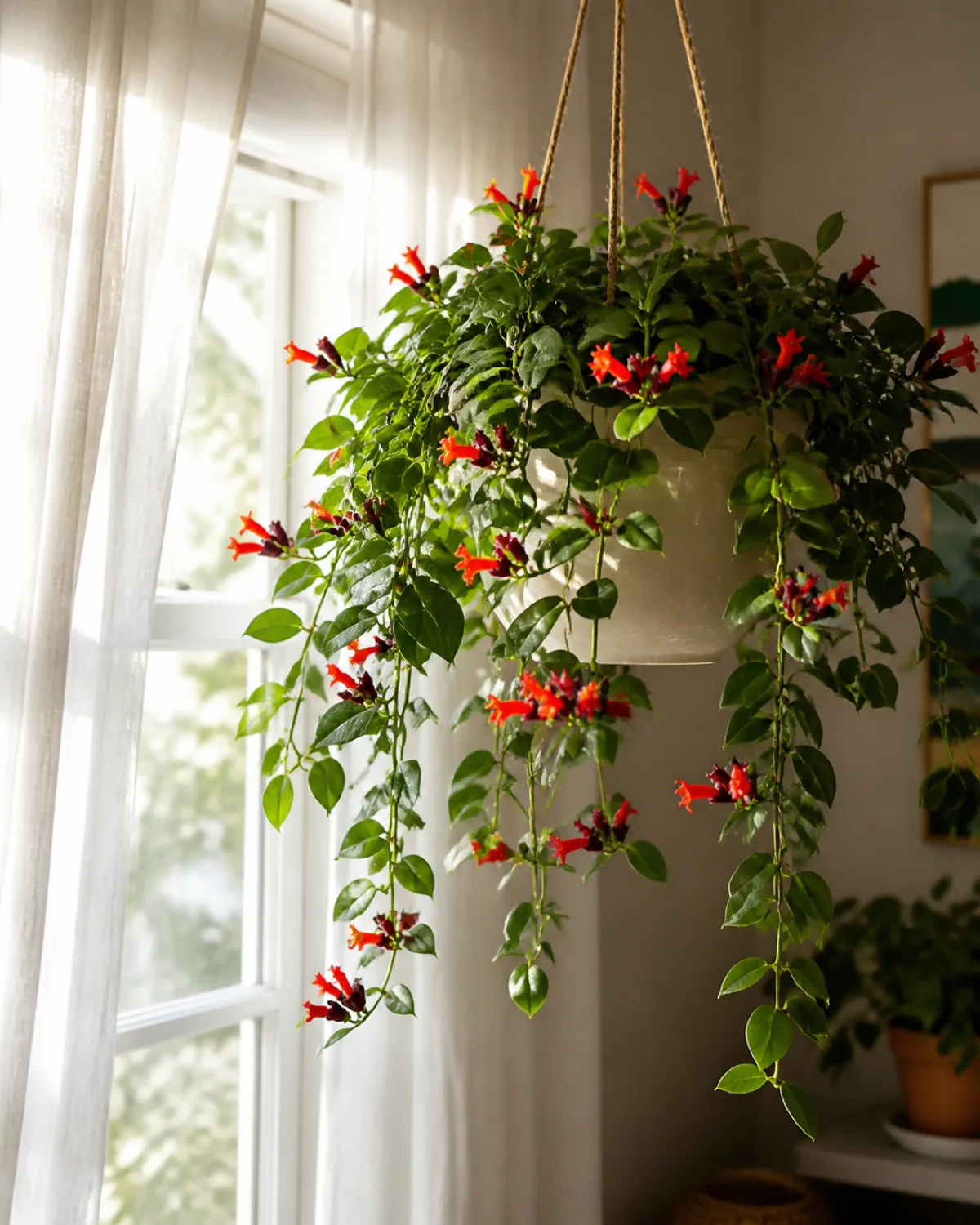 A lipstick plant in a hanging ceramic pot positioned near a large bright east-facing window morning sunlight streaming in and illuminating the trailing vines dotted with red flowers sheer white curtains filtering some of the direct light showing the ideal bright indirect light position the plant looking lush and full of blooms warm natural light