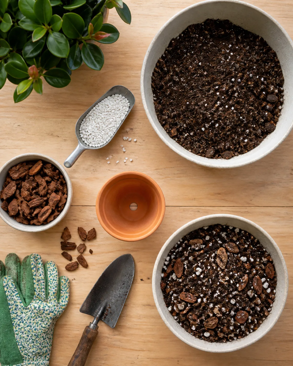 A flat-lay on a light wooden table showing a well-draining soil mix being prepared for a lipstick plant a bowl of regular potting mix a scoop of perlite with white chunky granules a handful of orchid bark chips and a small empty terracotta pot waiting to be filled gardening gloves and a small trowel nearby the mixed result shown in one corner with visible bark pieces and perlite overhead natural light