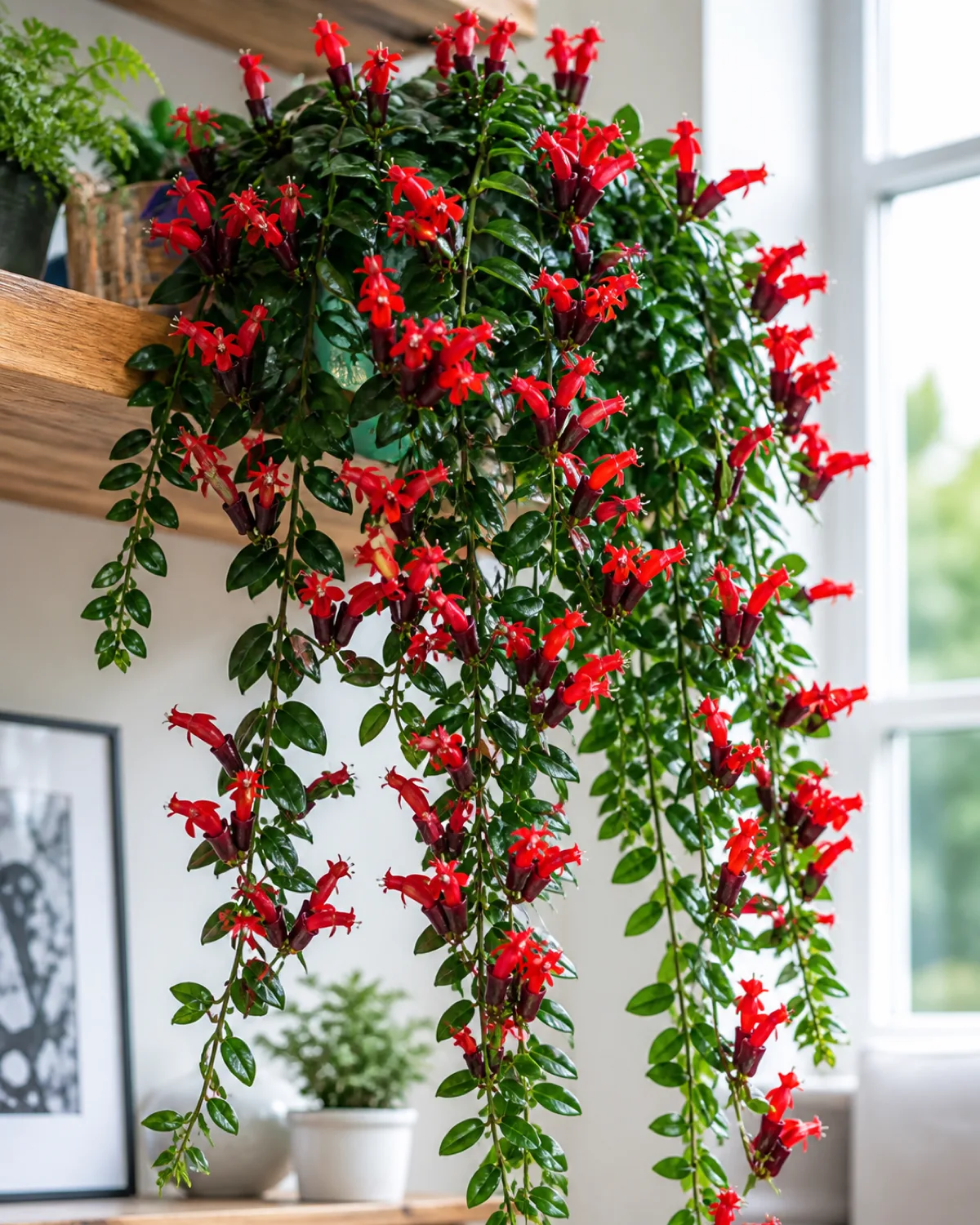 A spectacular lipstick plant in peak bloom cascading from a high shelf with dozens of bright red tubular flowers open simultaneously along the trailing stems dark green waxy leaves providing contrast the plant positioned in a bright room with excellent natural light from a nearby window showing what a well-cared-for and properly triggered blooming lipstick plant looks like at its best vibrant colors